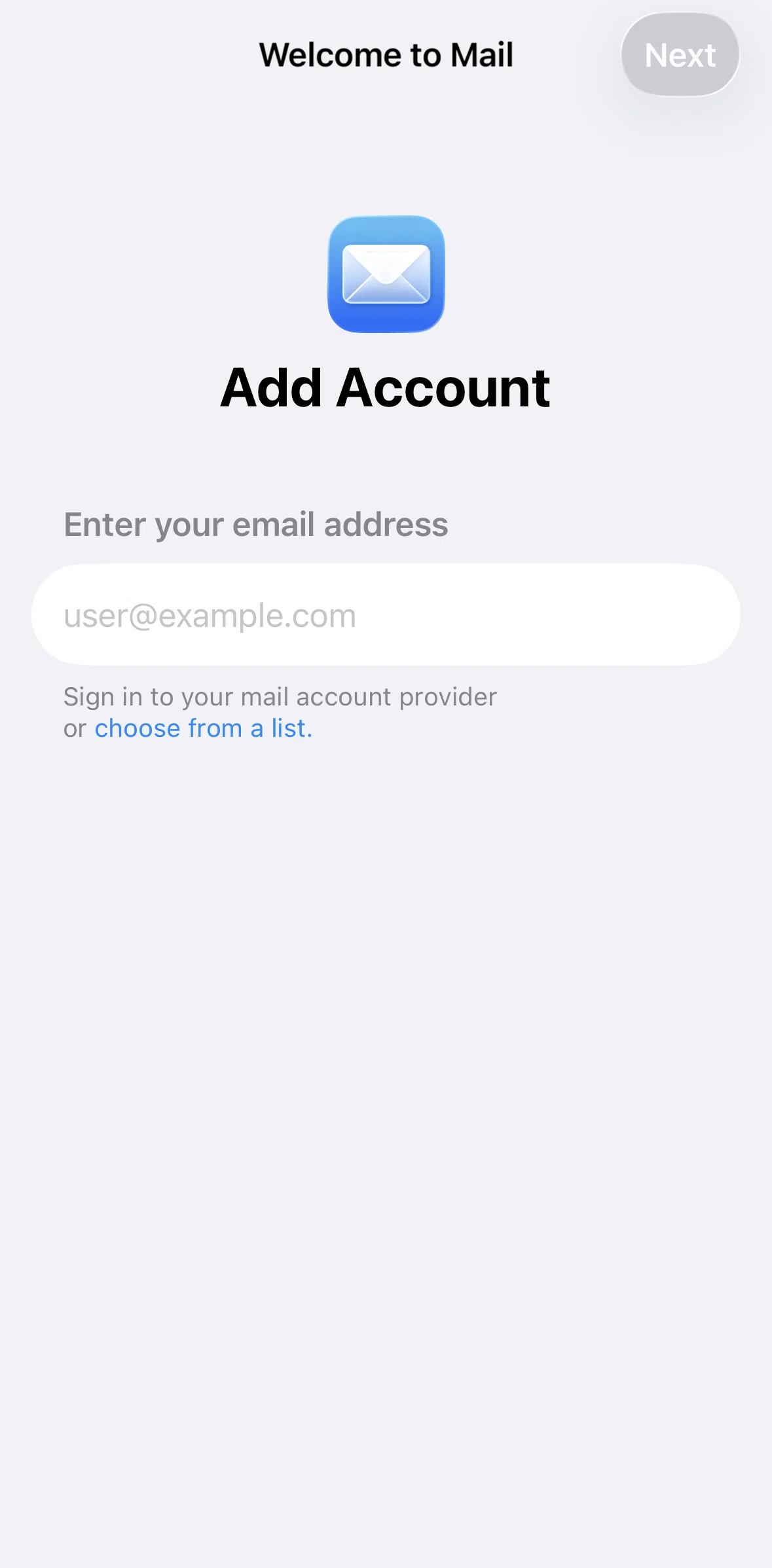 Apple Mail Screen screen in the Adding an account flow