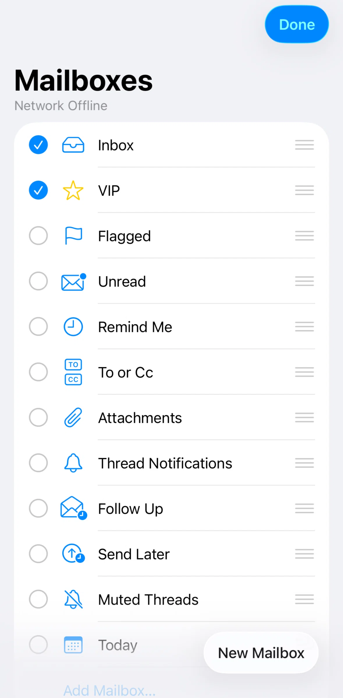Apple Mail Screen screen in the Reordering mailboxes flow
