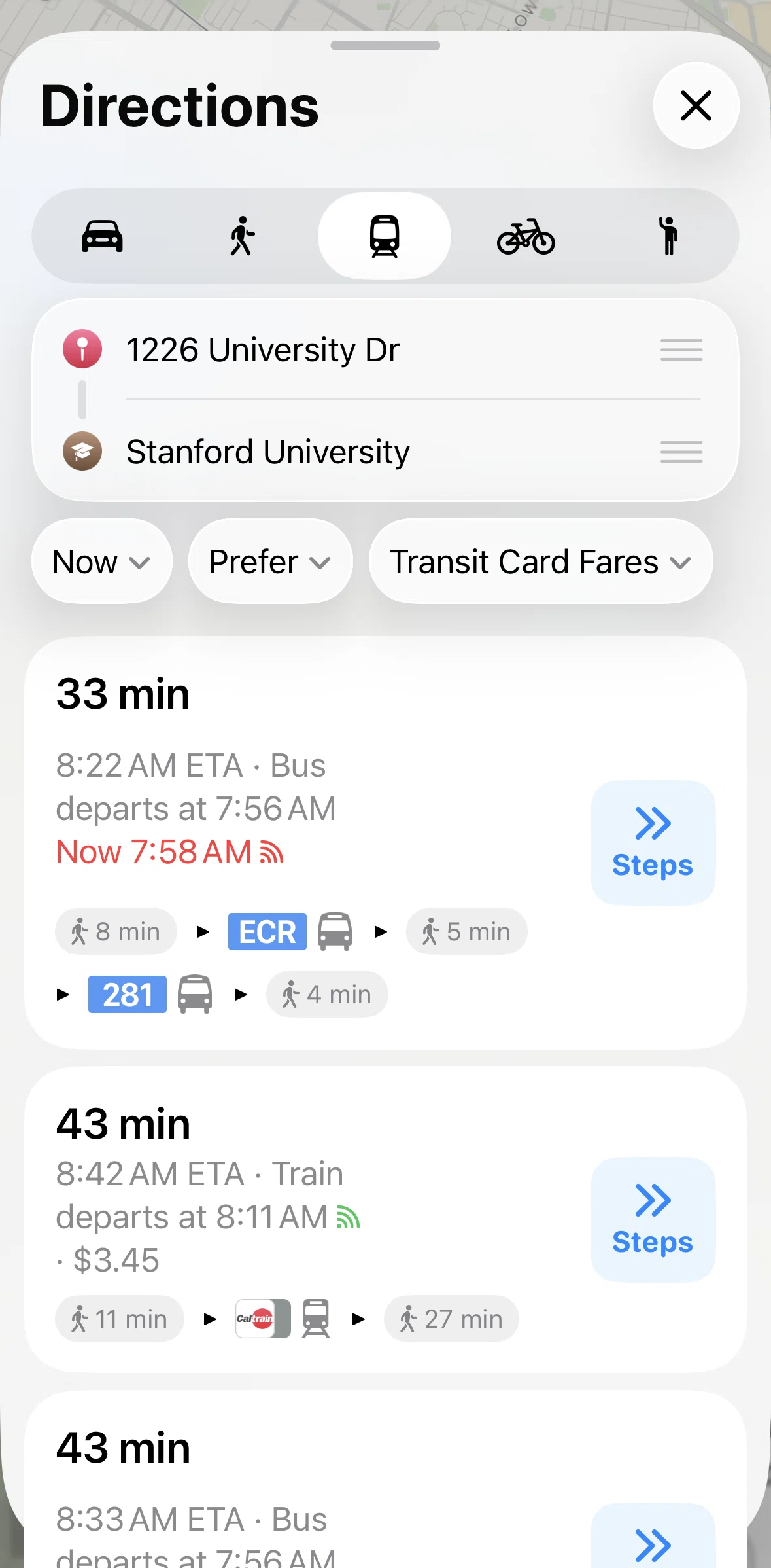 Apple Maps Screen screen in the Filtering routes by date flow