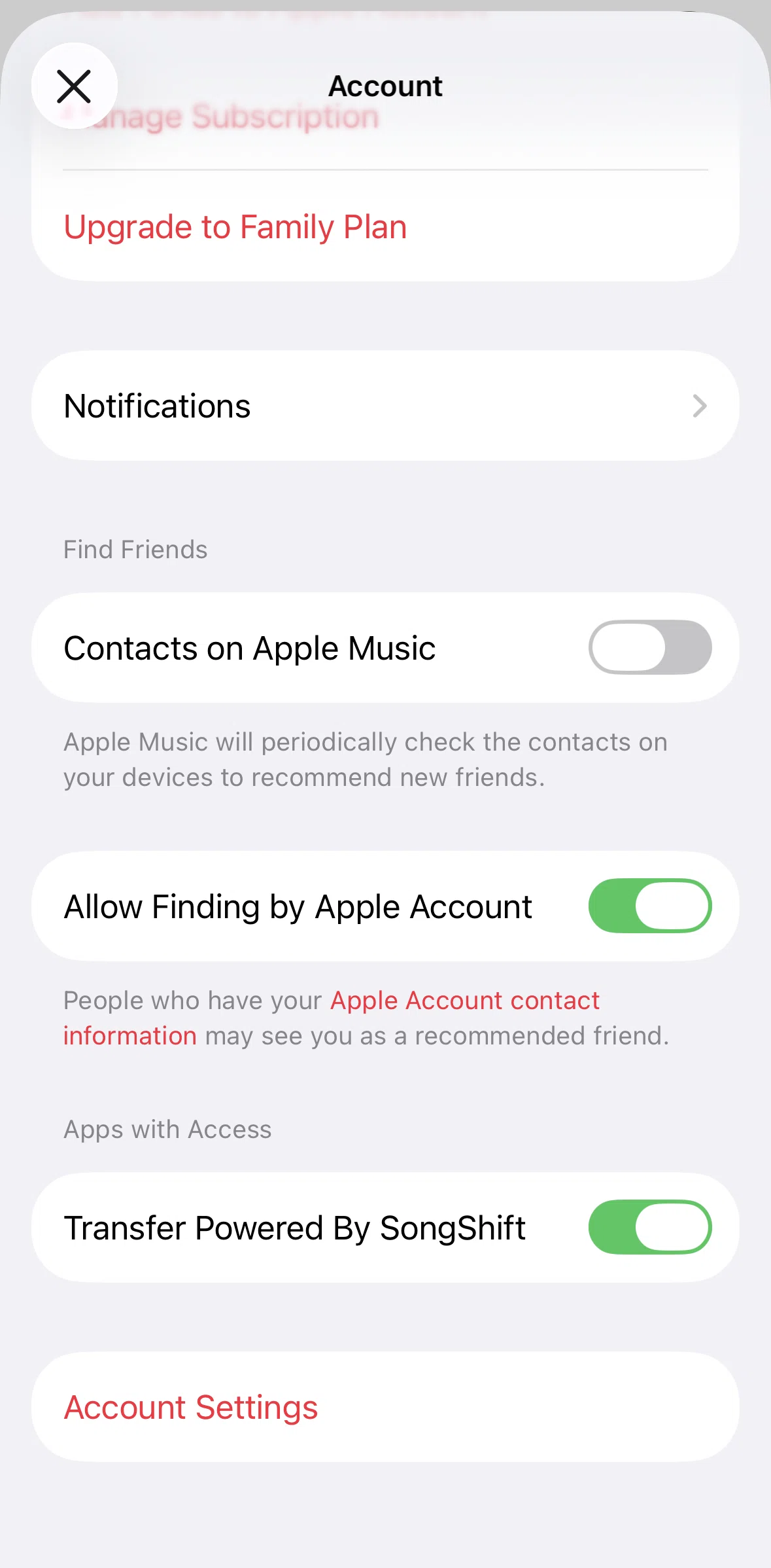 Apple Music Screen screen in the Account settings flow