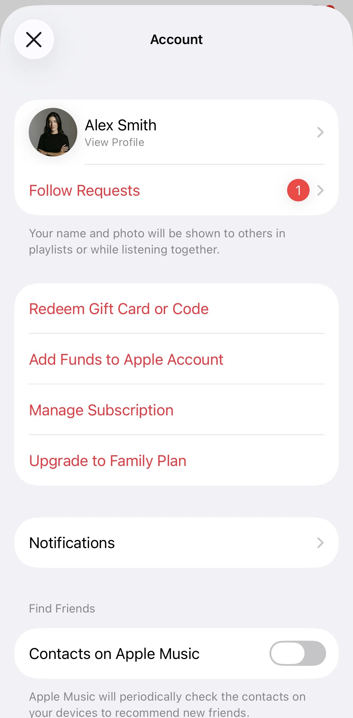 Apple Music Screen screen in the Approving a follow requests flow