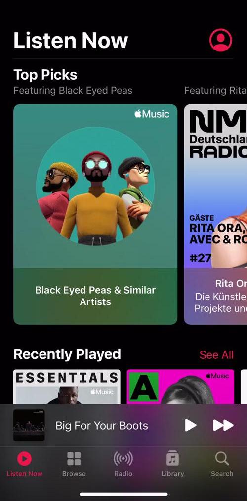 Apple Music Home screen in the Discovering Content flow
