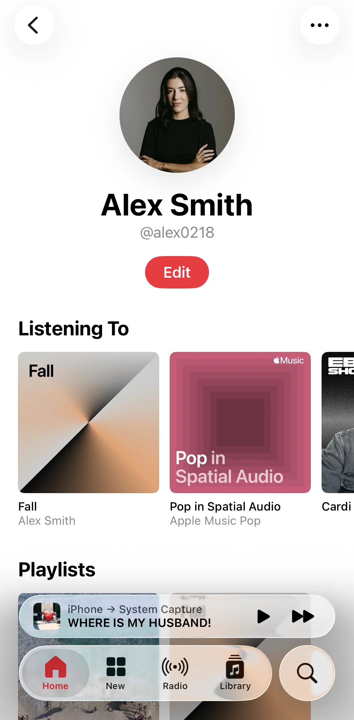 Apple Music Screen screen in the Edit profile flow