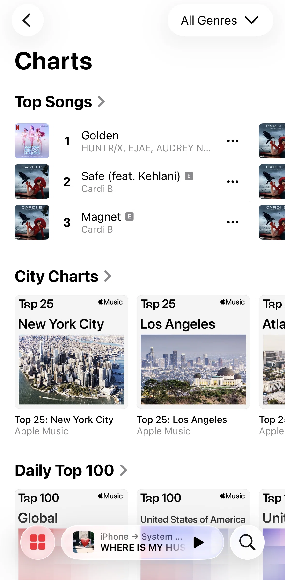 Apple Music Screen screen in the Filtering charts flow