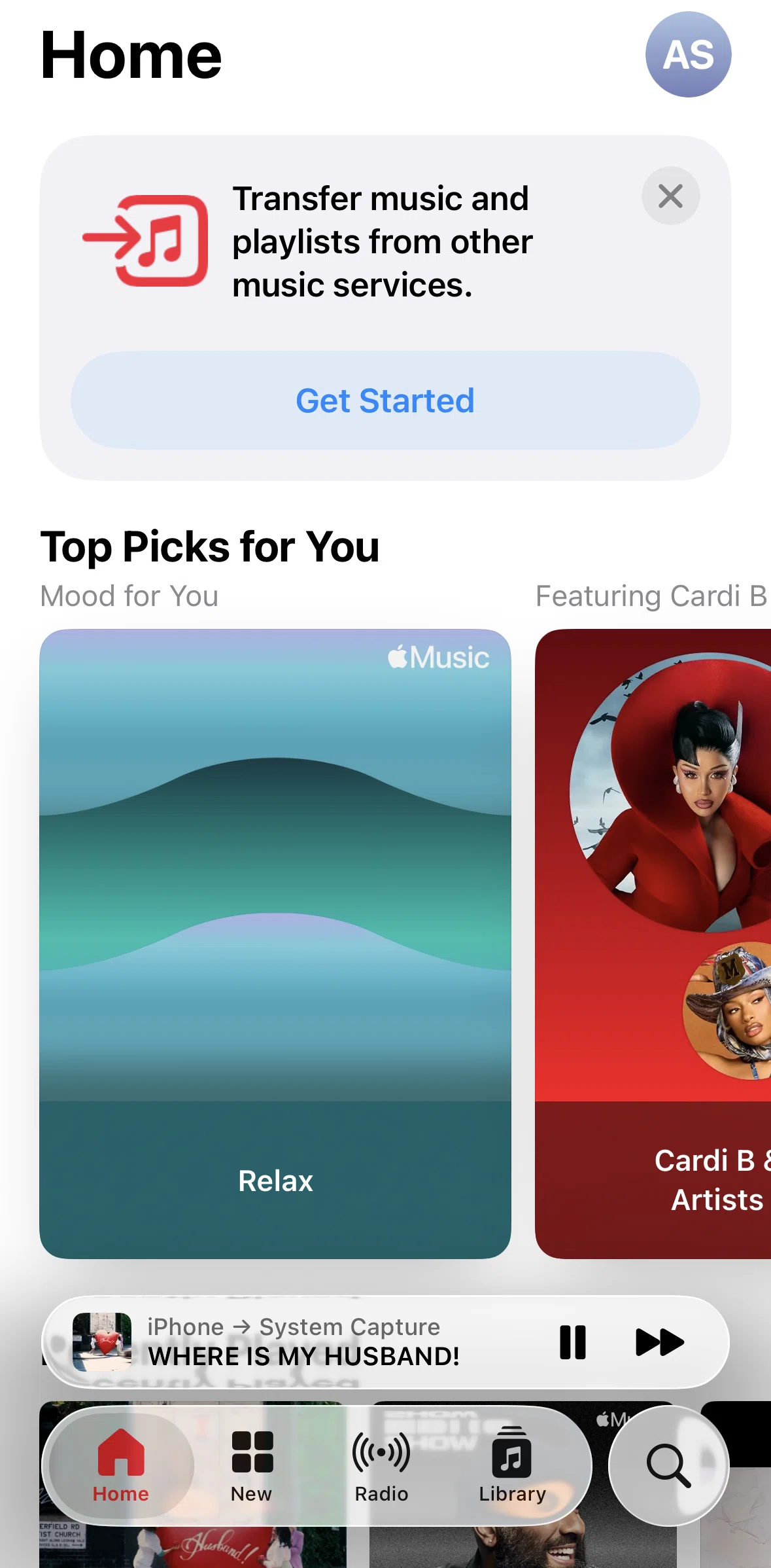 Apple Music Screen screen in the Home flow