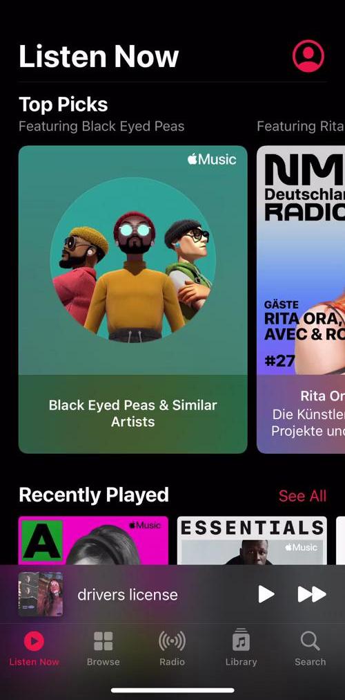 Apple Music Home screen in the Listening flow