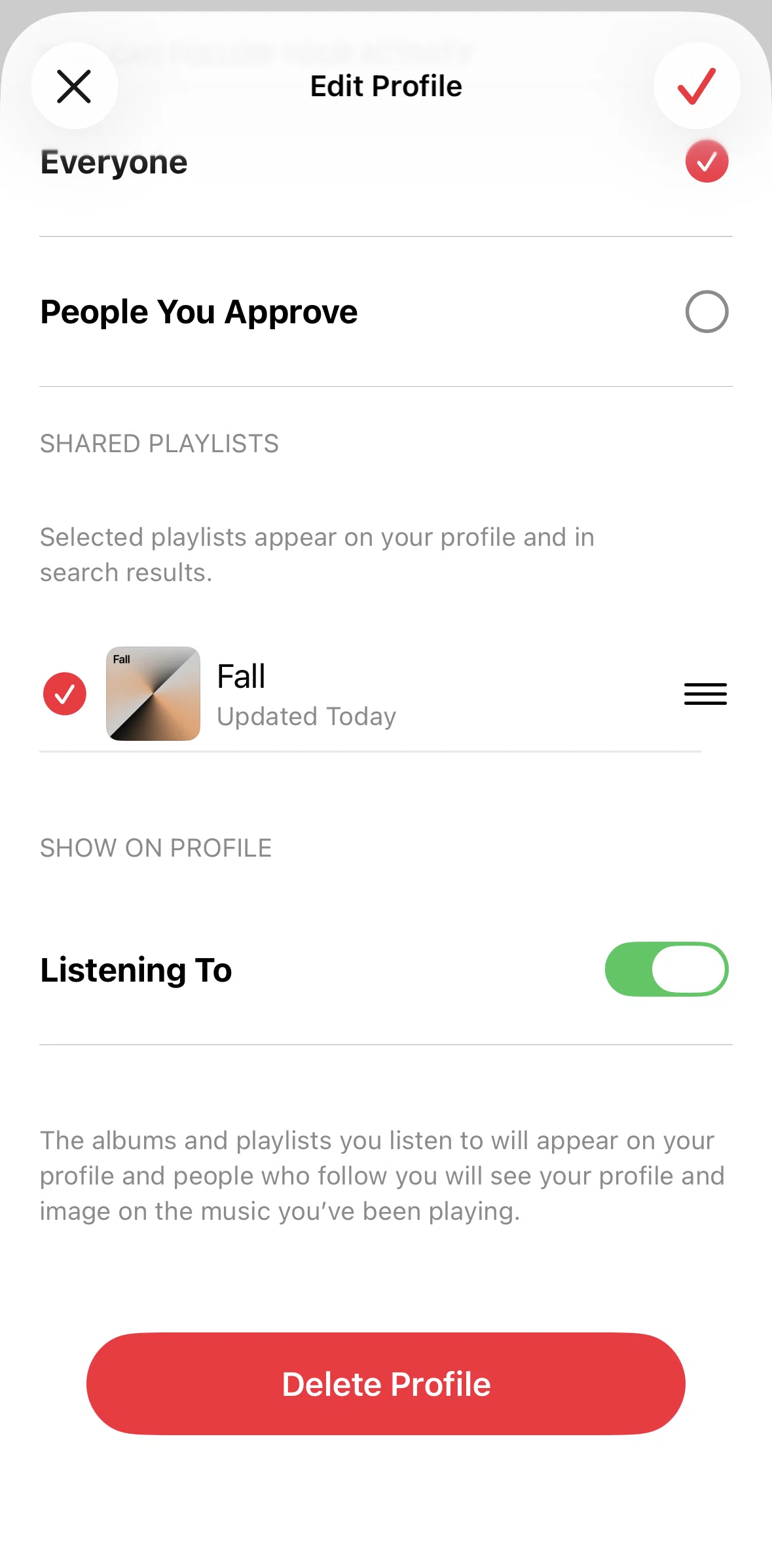 Apple Music Screen screen in the Switching to private profile flow