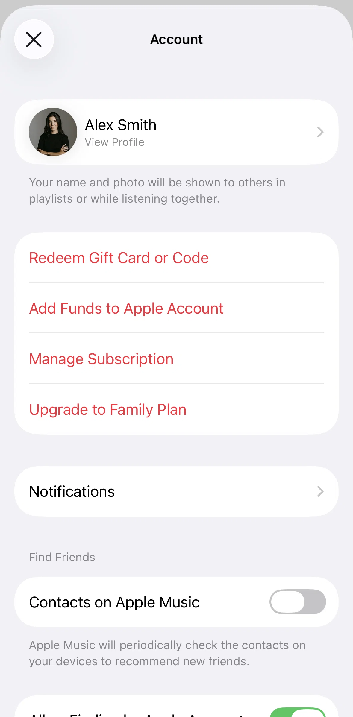 Apple Music Screen screen in the Upgrade to family plan flow