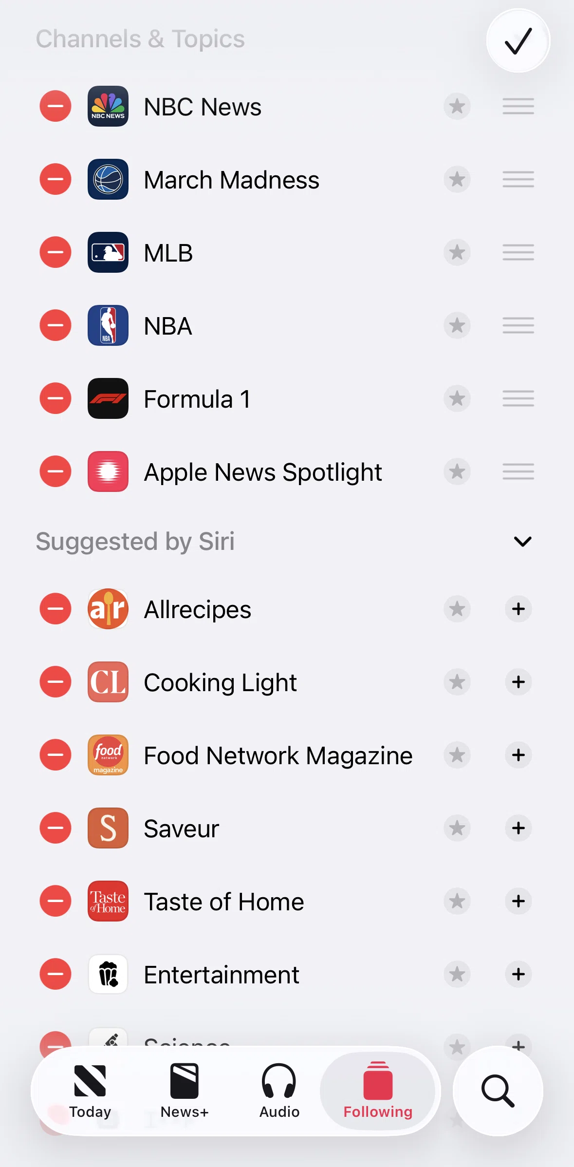 Apple News Screen screen in the Adding a channel to favorites flow