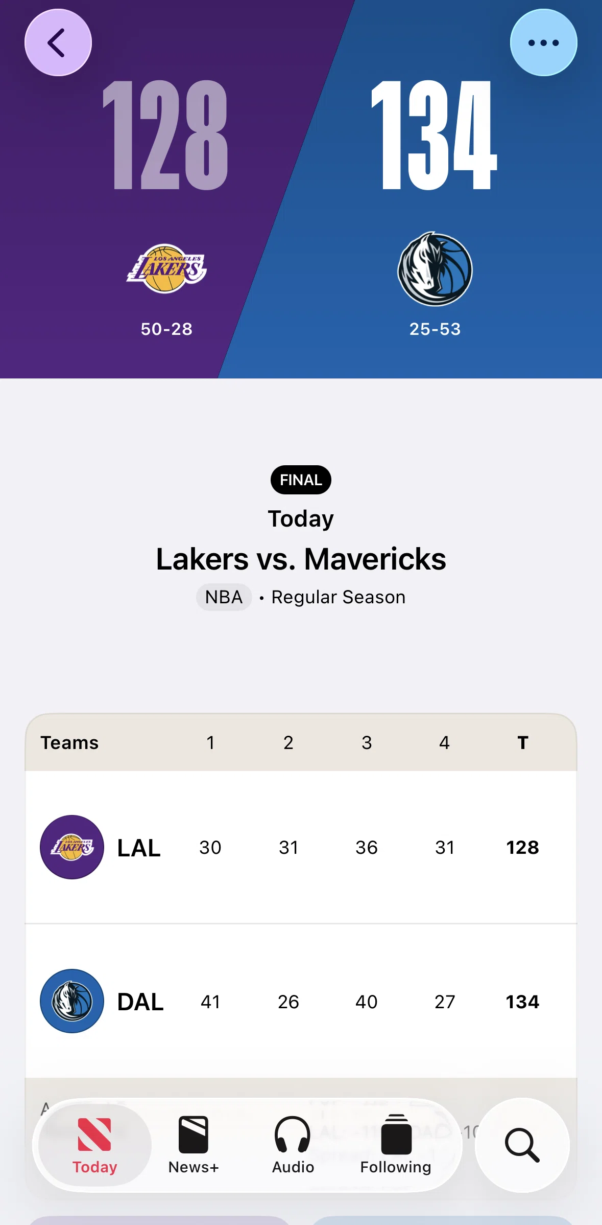 Apple News Screen screen in the Following a team flow