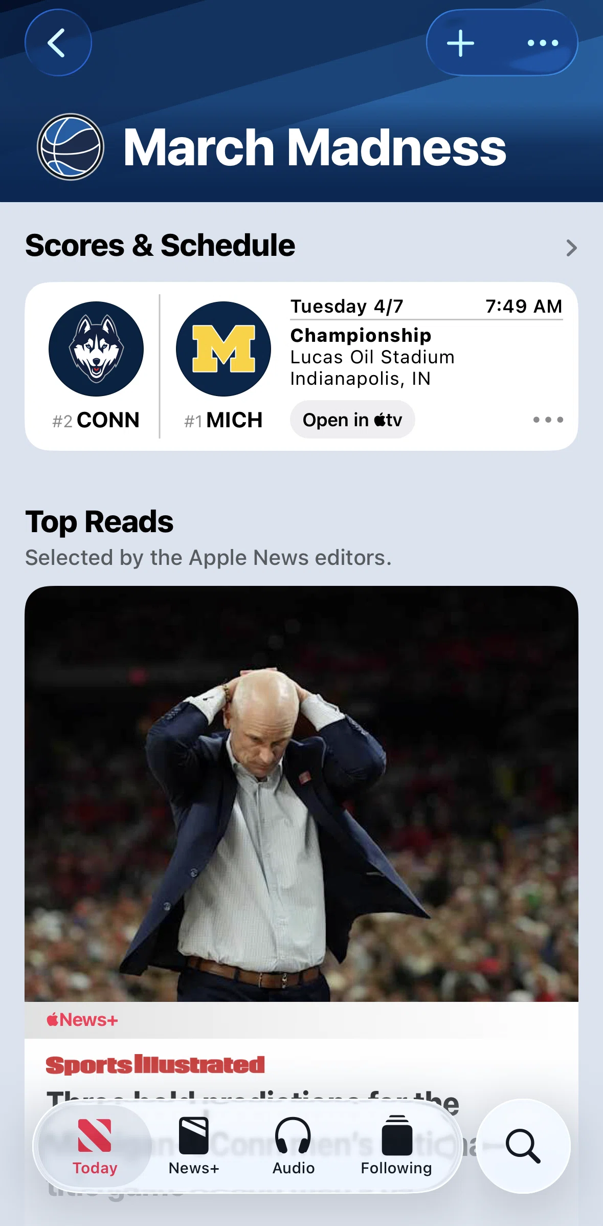 Apple News Screen screen in the Following a tournament flow