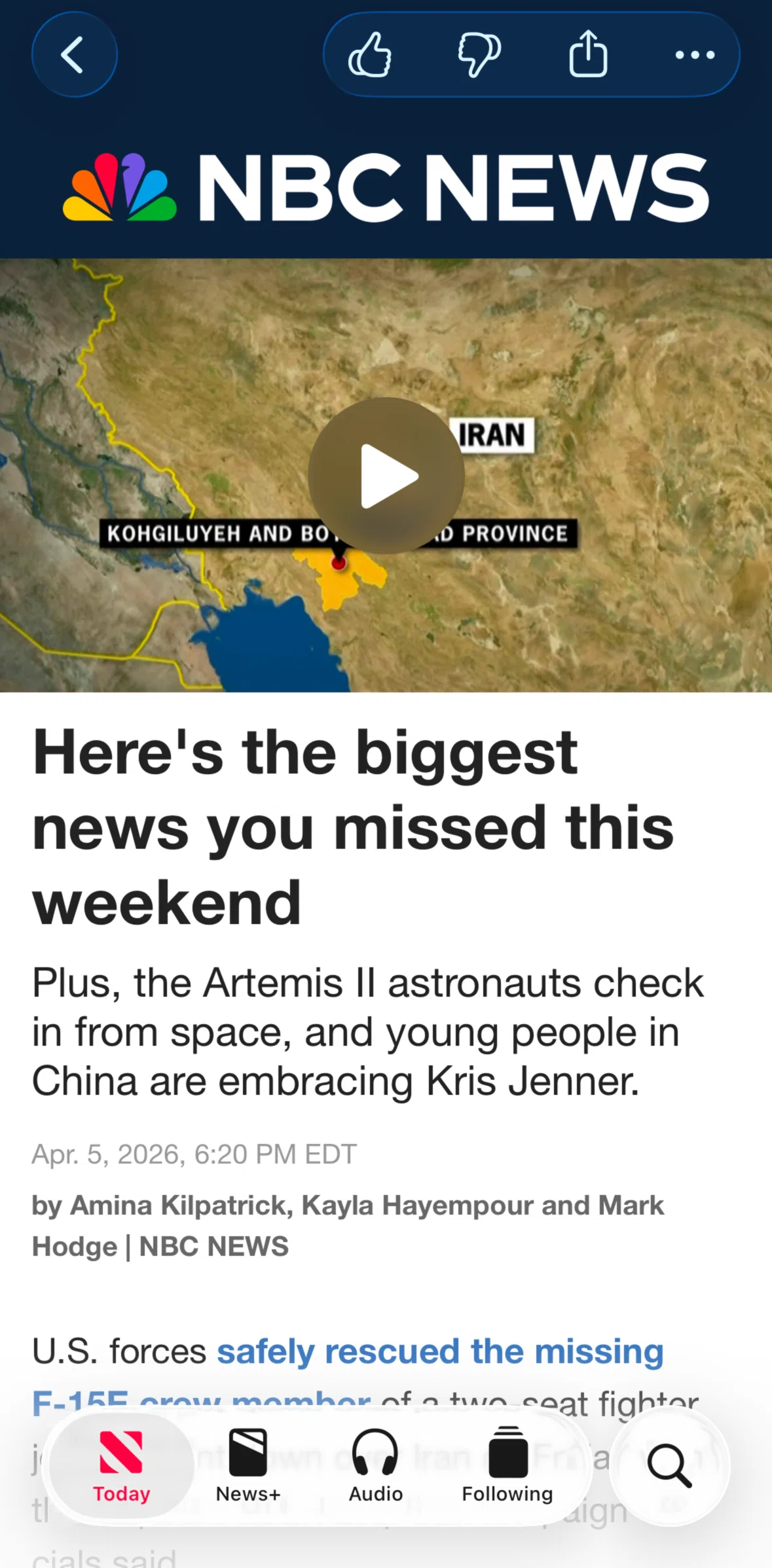 Apple News Screen screen in the Liking a story flow