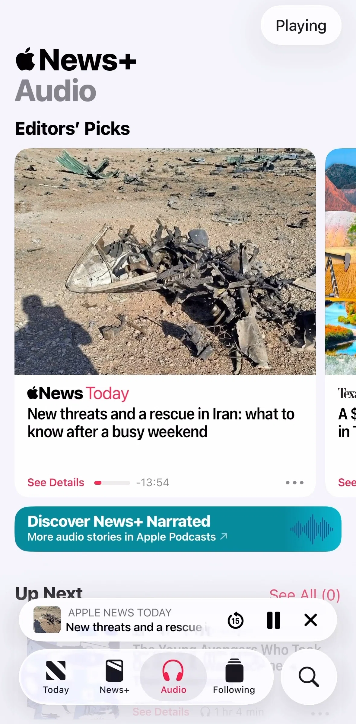Apple News Screen screen in the Pausing audio flow