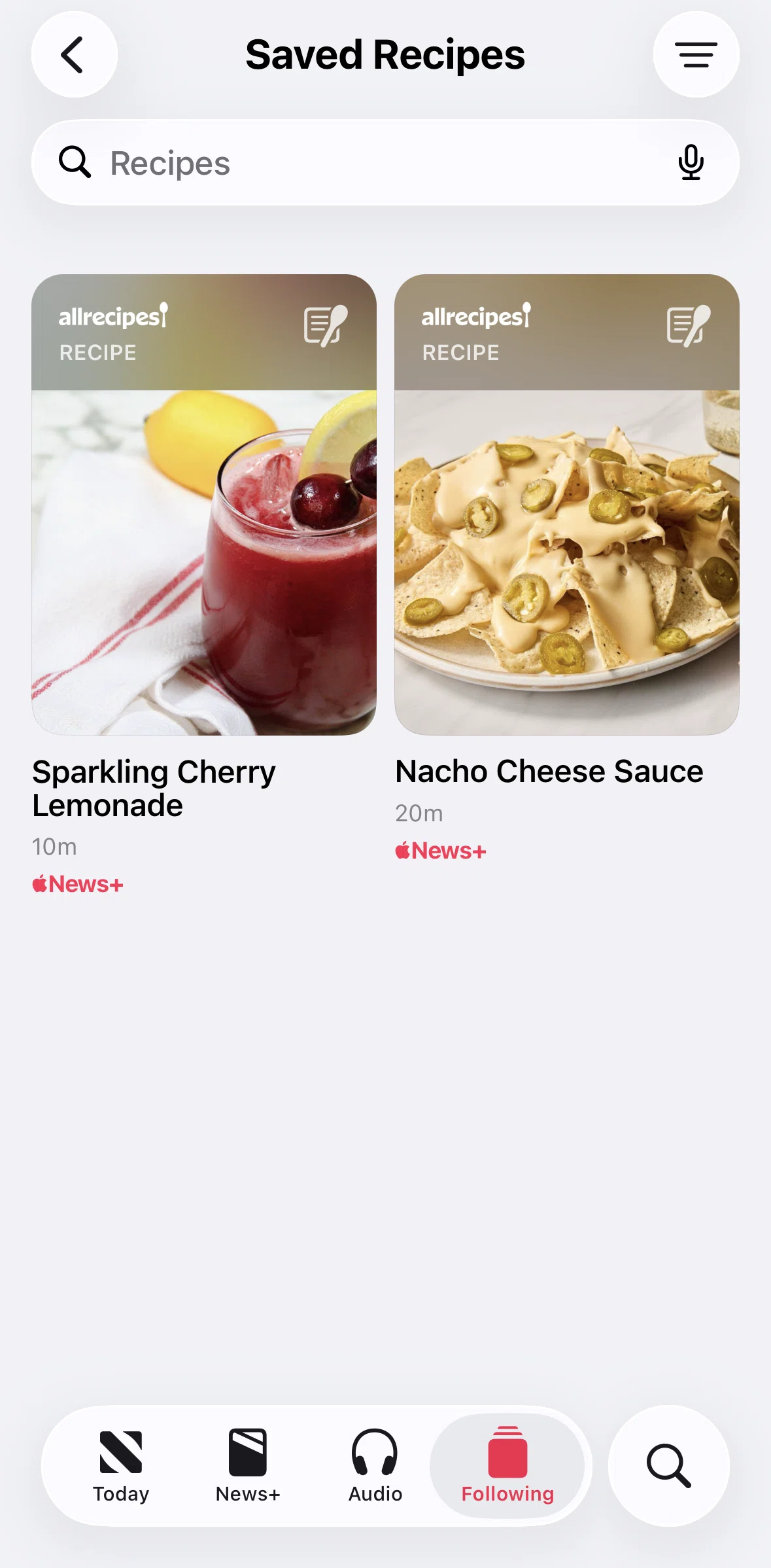 Apple News Screen screen in the Searching a recipe flow