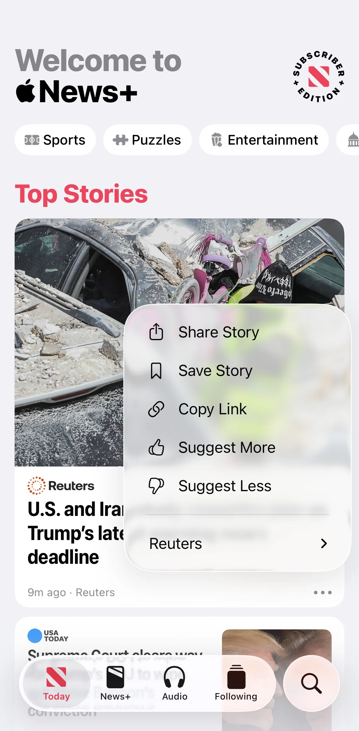 Apple News Screen screen in the Suggesting more stories flow
