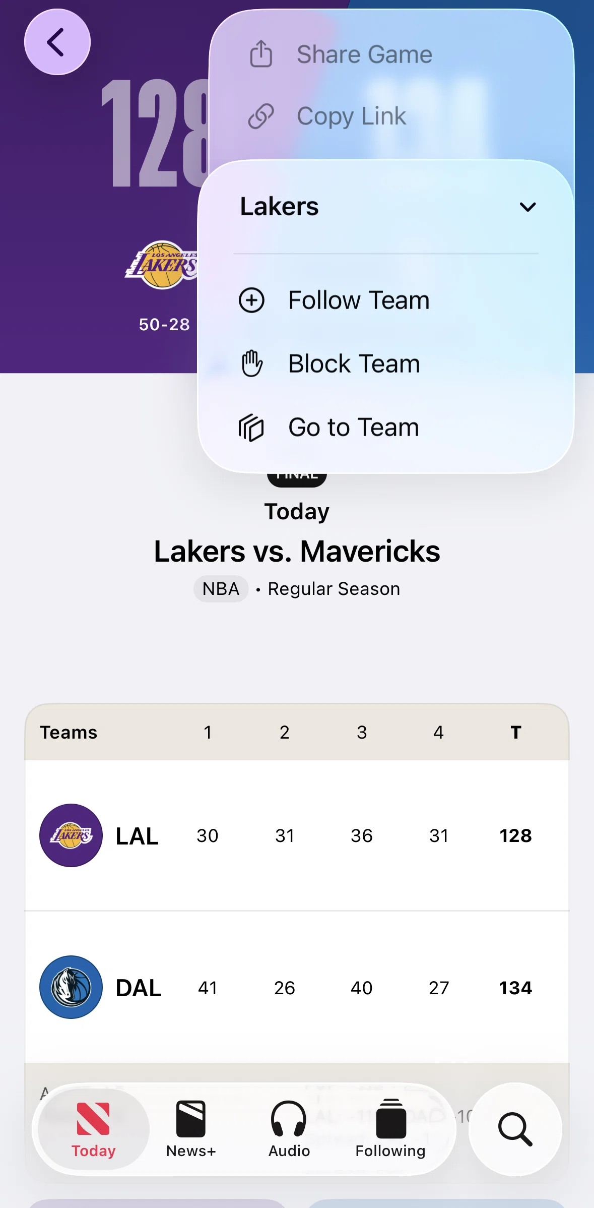 Apple News Screen screen in the Team detail flow
