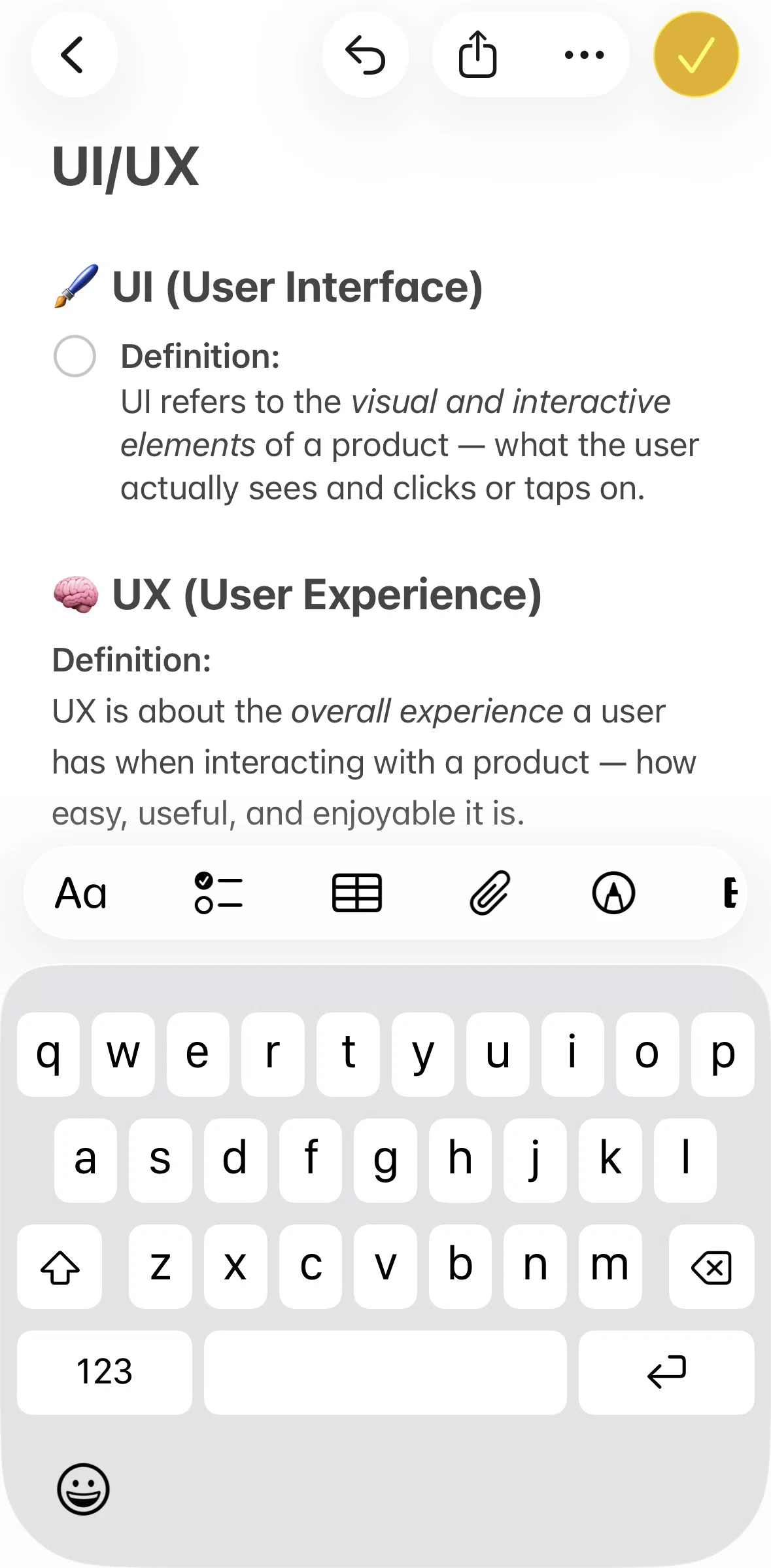 Apple Notes Screen screen in the Checking off a checklist flow