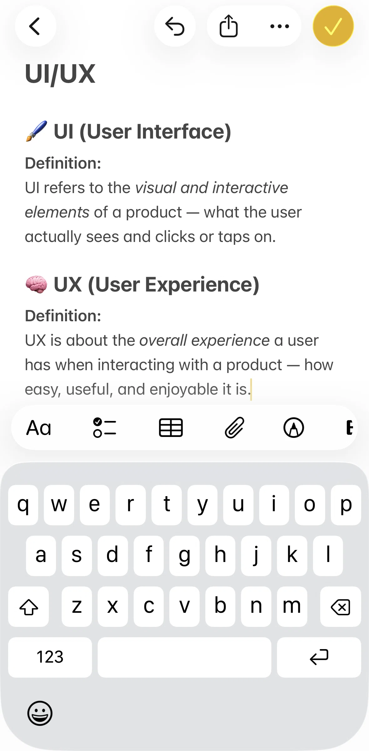 Apple Notes Screen screen in the Editing text format flow