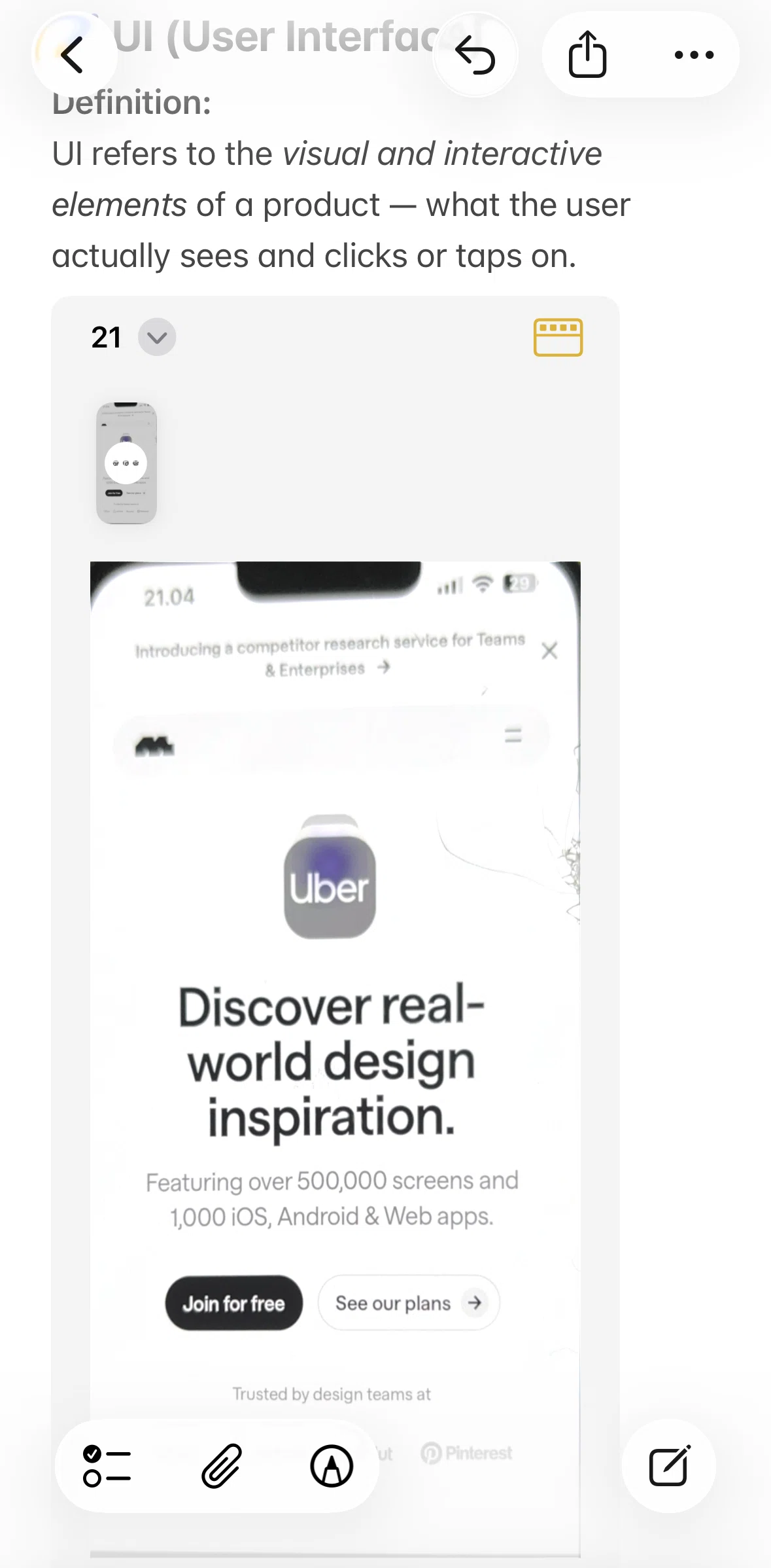 Apple Notes Screen screen in the Pasting a page flow