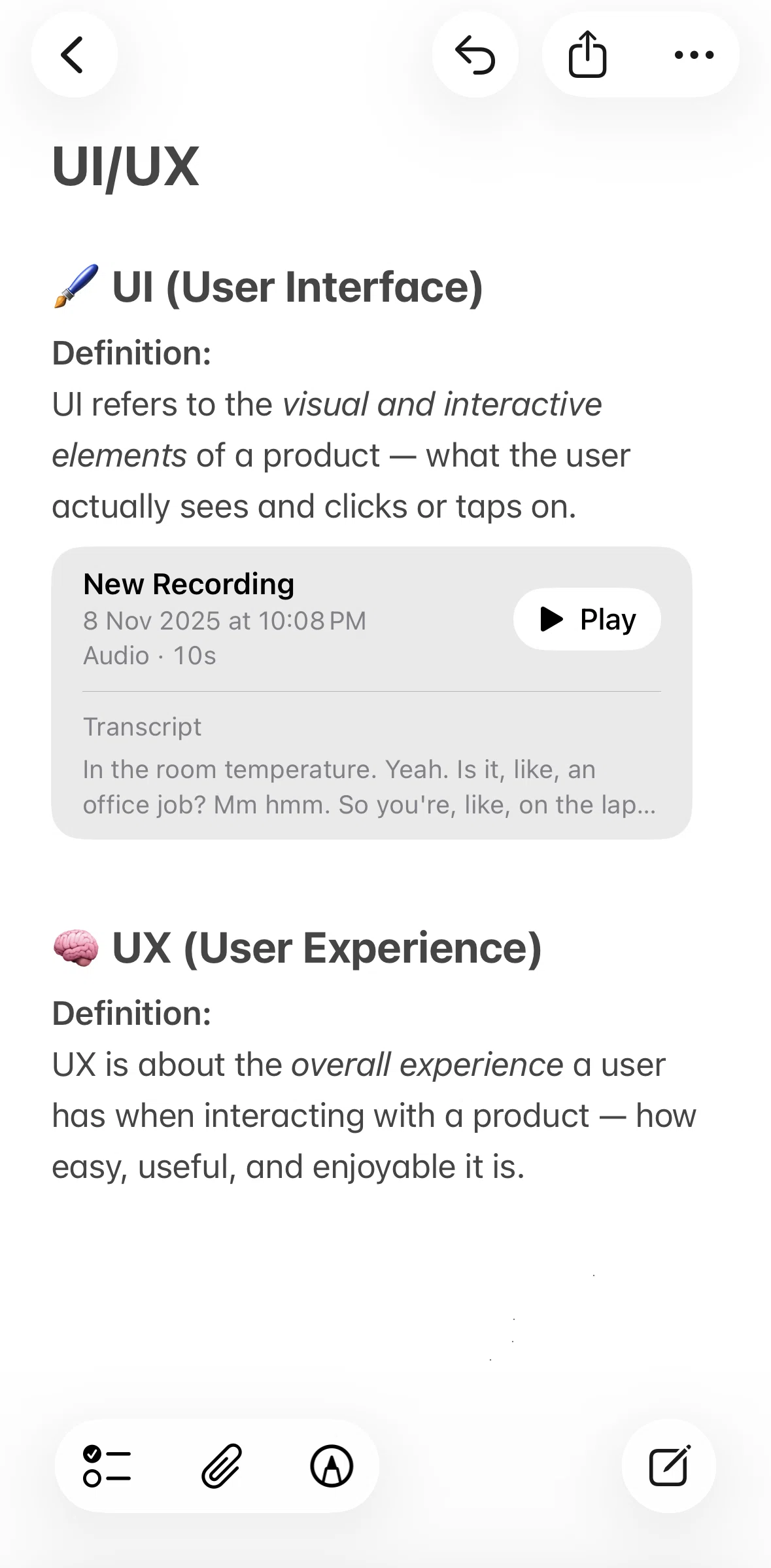 Apple Notes Screen screen in the Playing a recording flow