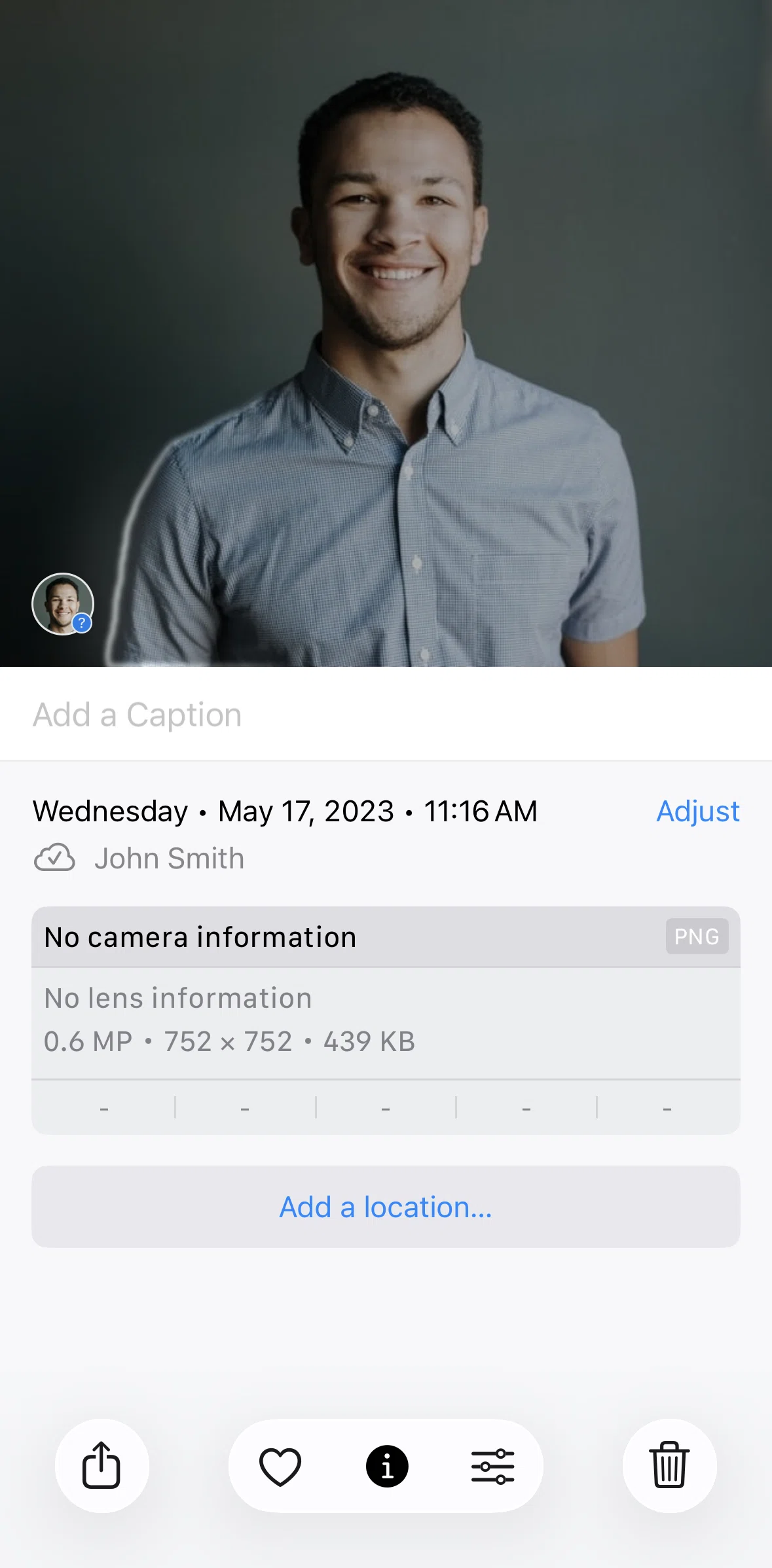 Apple Photos Screen screen in the Adding a caption flow