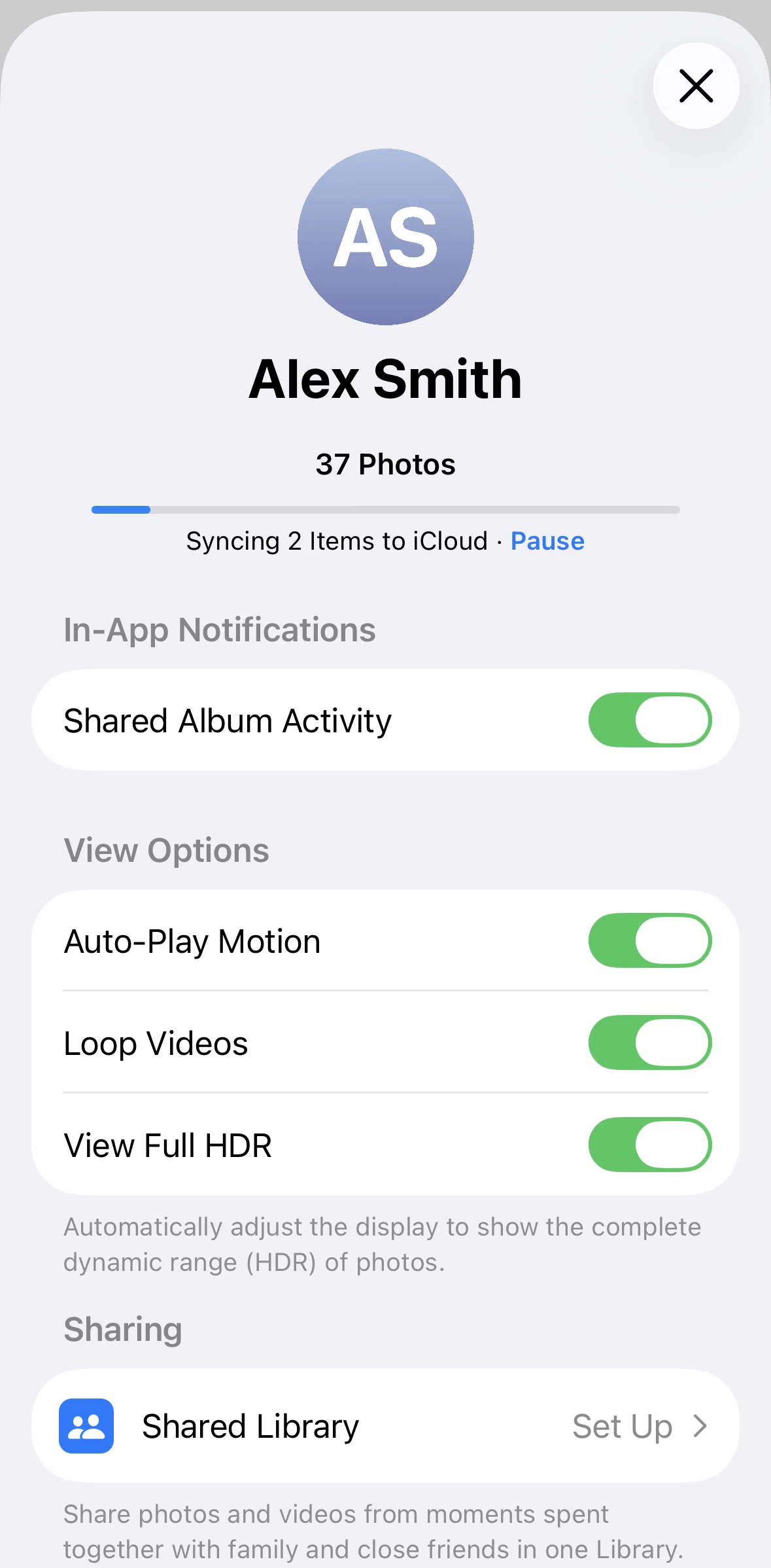 Apple Photos Screen screen in the Pausing sync items to iCloud flow