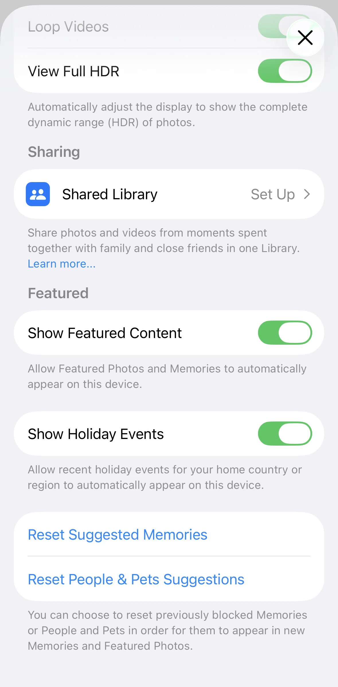 Apple Photos Screen screen in the Resetting suggested memories flow