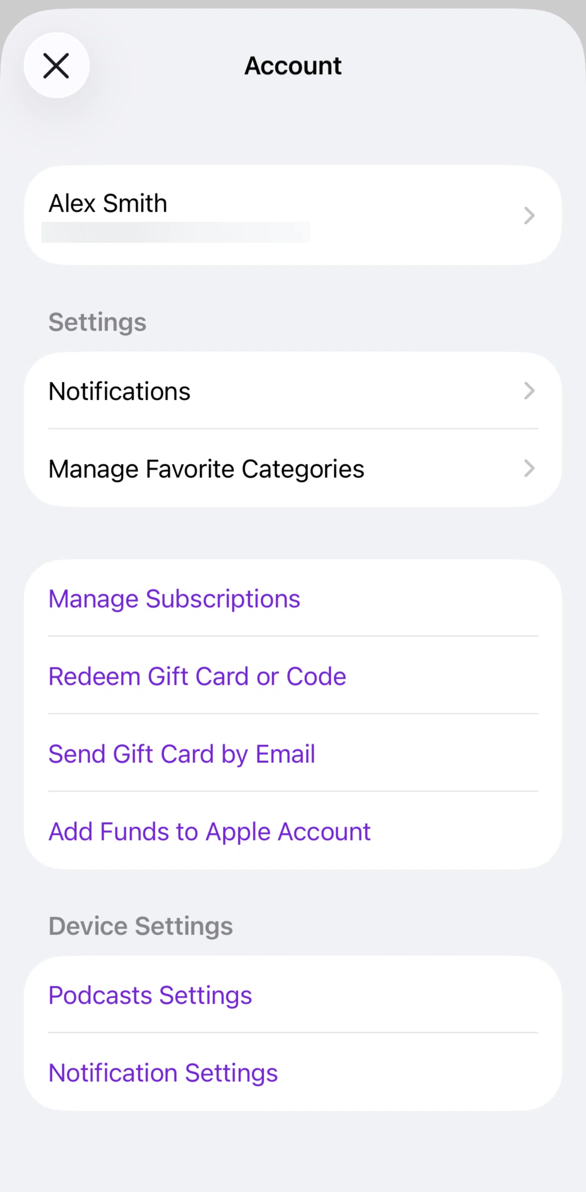 Apple Podcasts Screen screen in the Account settings flow