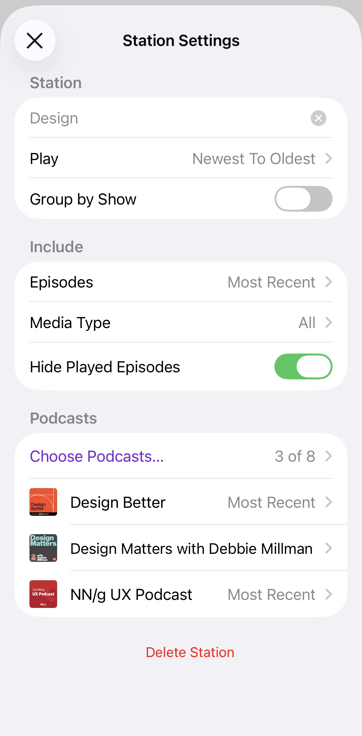 Apple Podcasts Screen screen in the Changing episodes included flow
