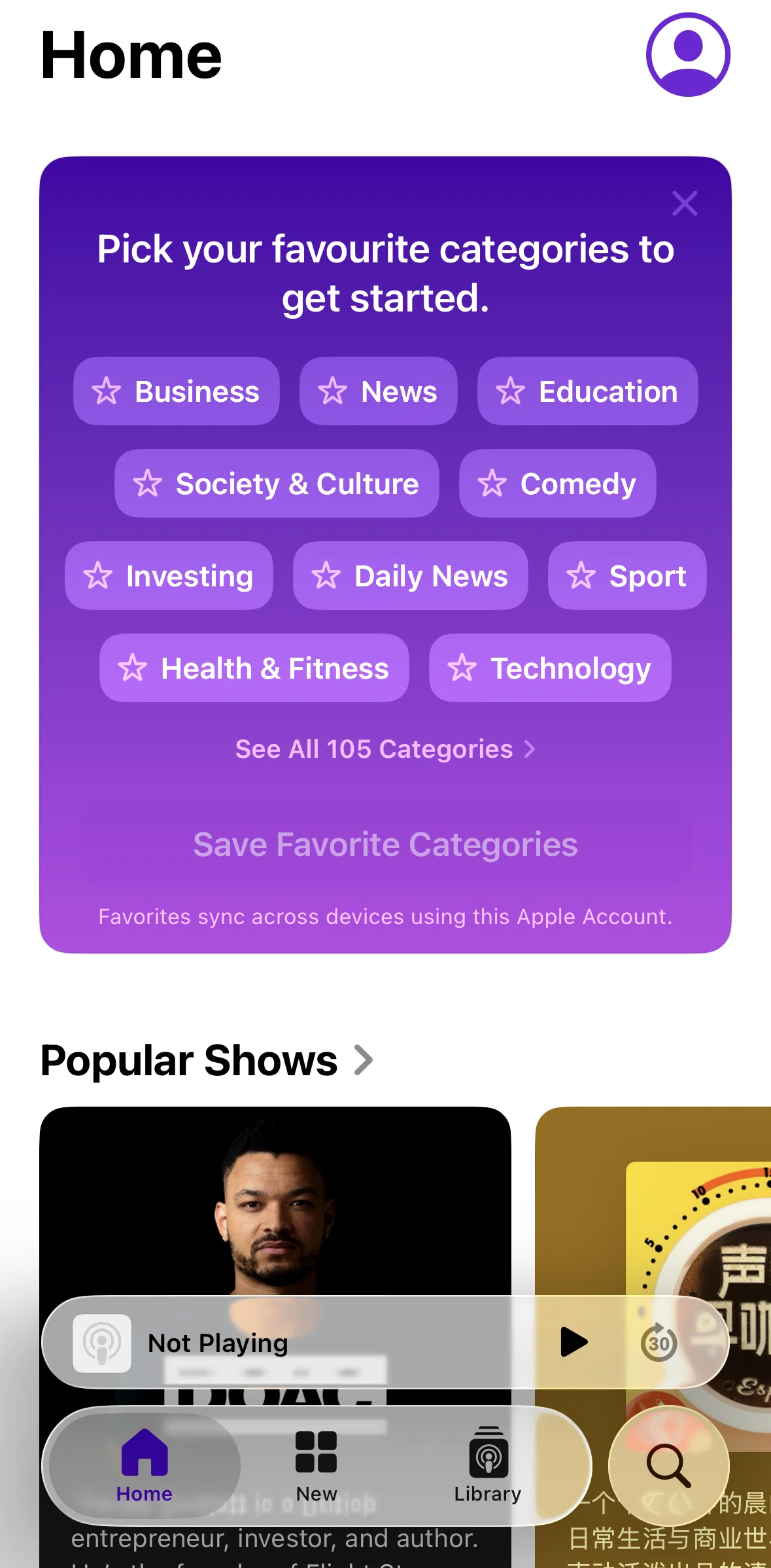 Apple Podcasts Screen screen in the Choosing favorite categories flow