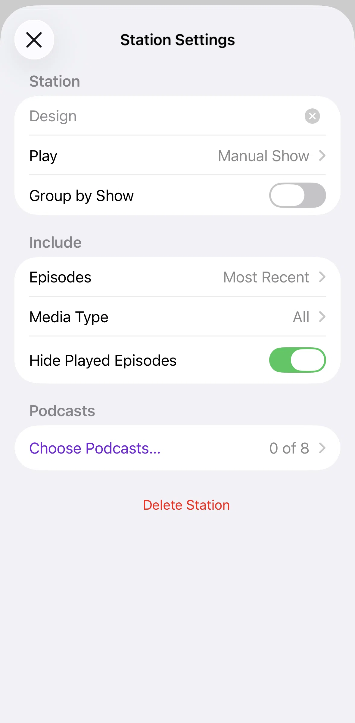Apple Podcasts Screen screen in the Choosing podcasts for station flow