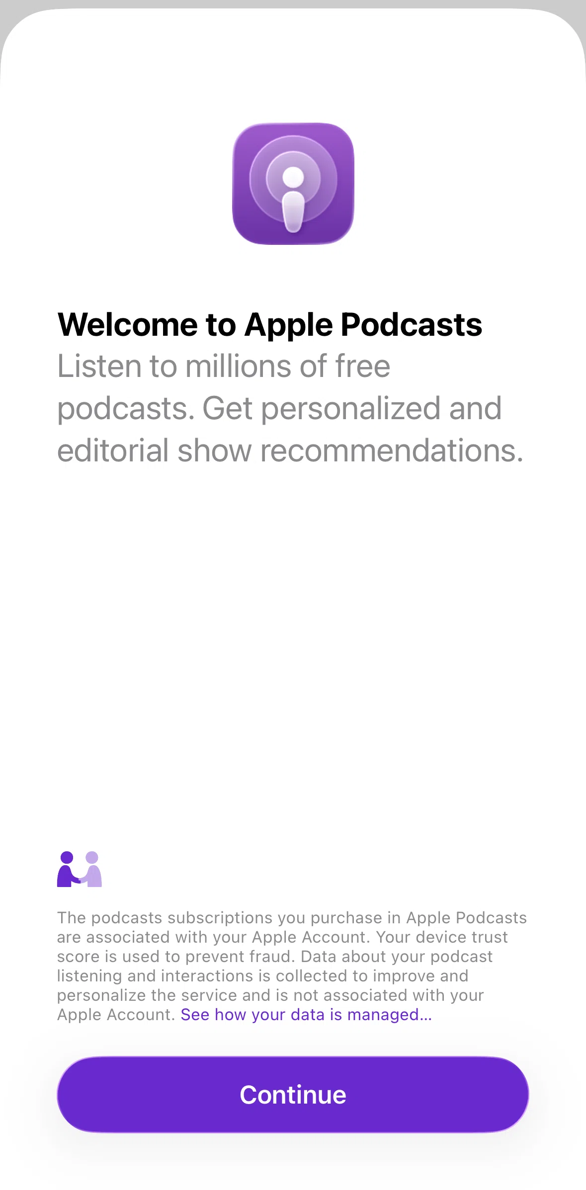 Apple Podcasts Screen screen in the Home flow