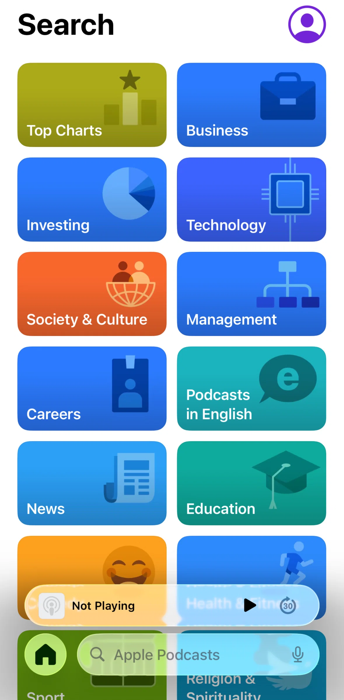 Apple Podcasts Screen screen in the Searching Apple Podcasts (voice input) flow