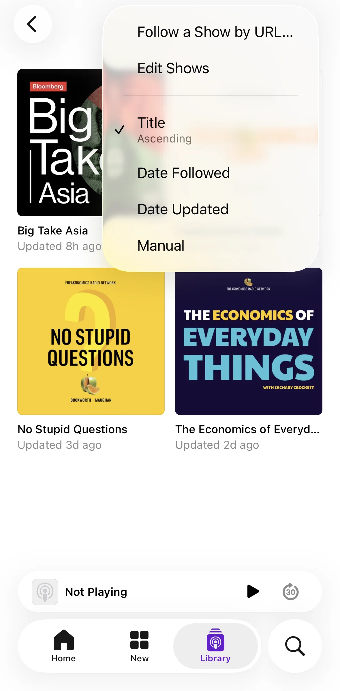 Apple Podcasts Screen screen in the Sorting shows flow