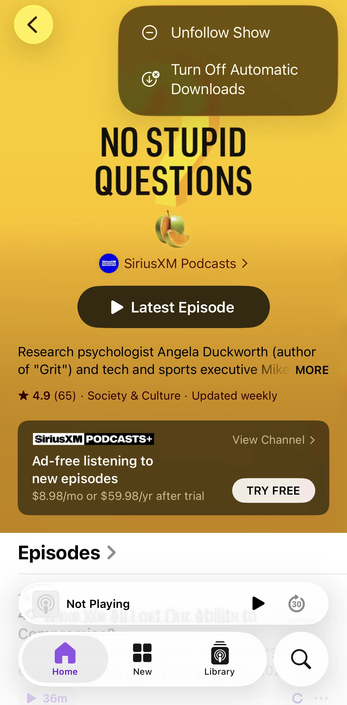 Apple Podcasts Screen screen in the Turning off automatic downloads flow
