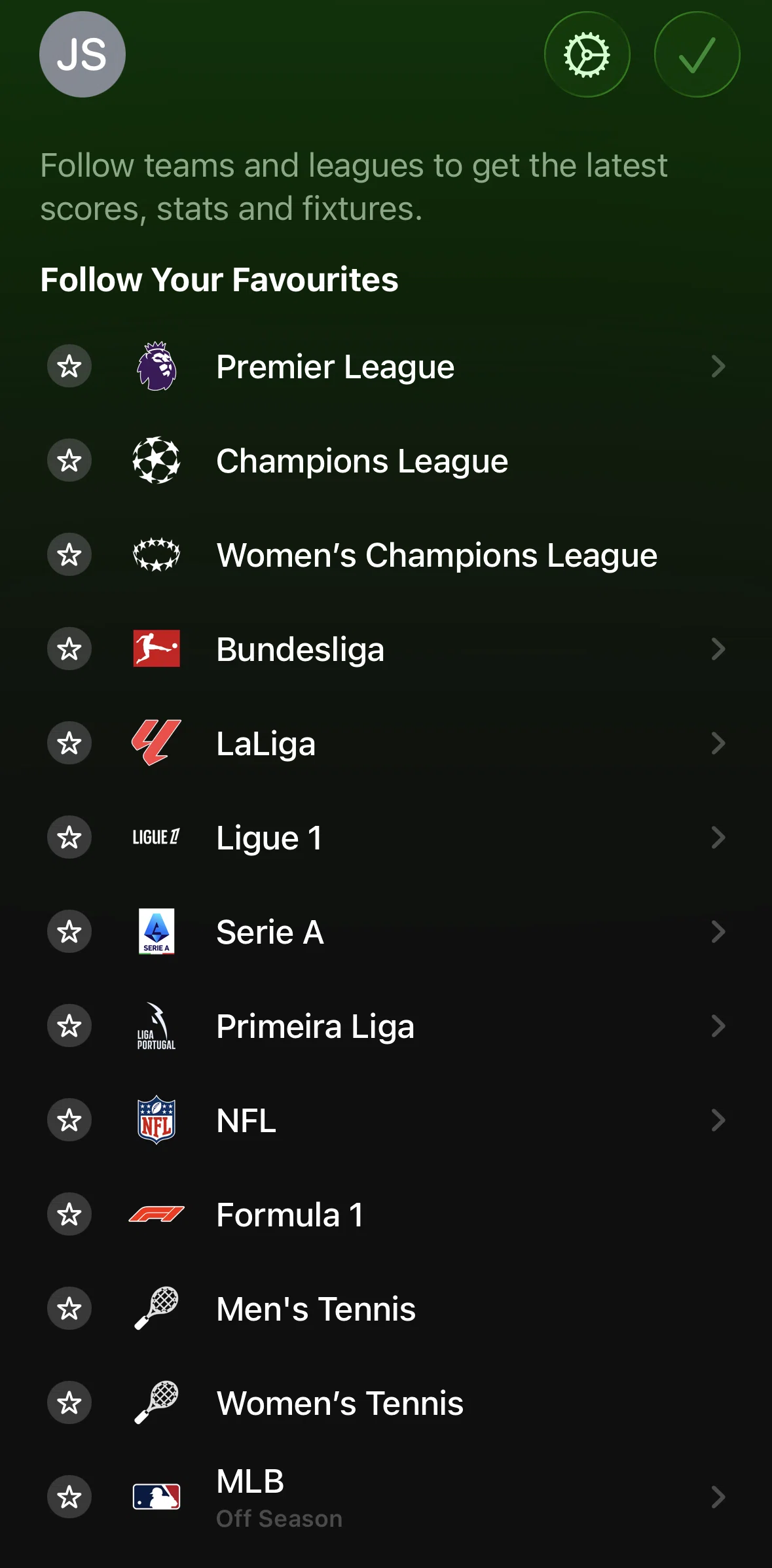 Apple Sports Screen screen in the Following a team flow