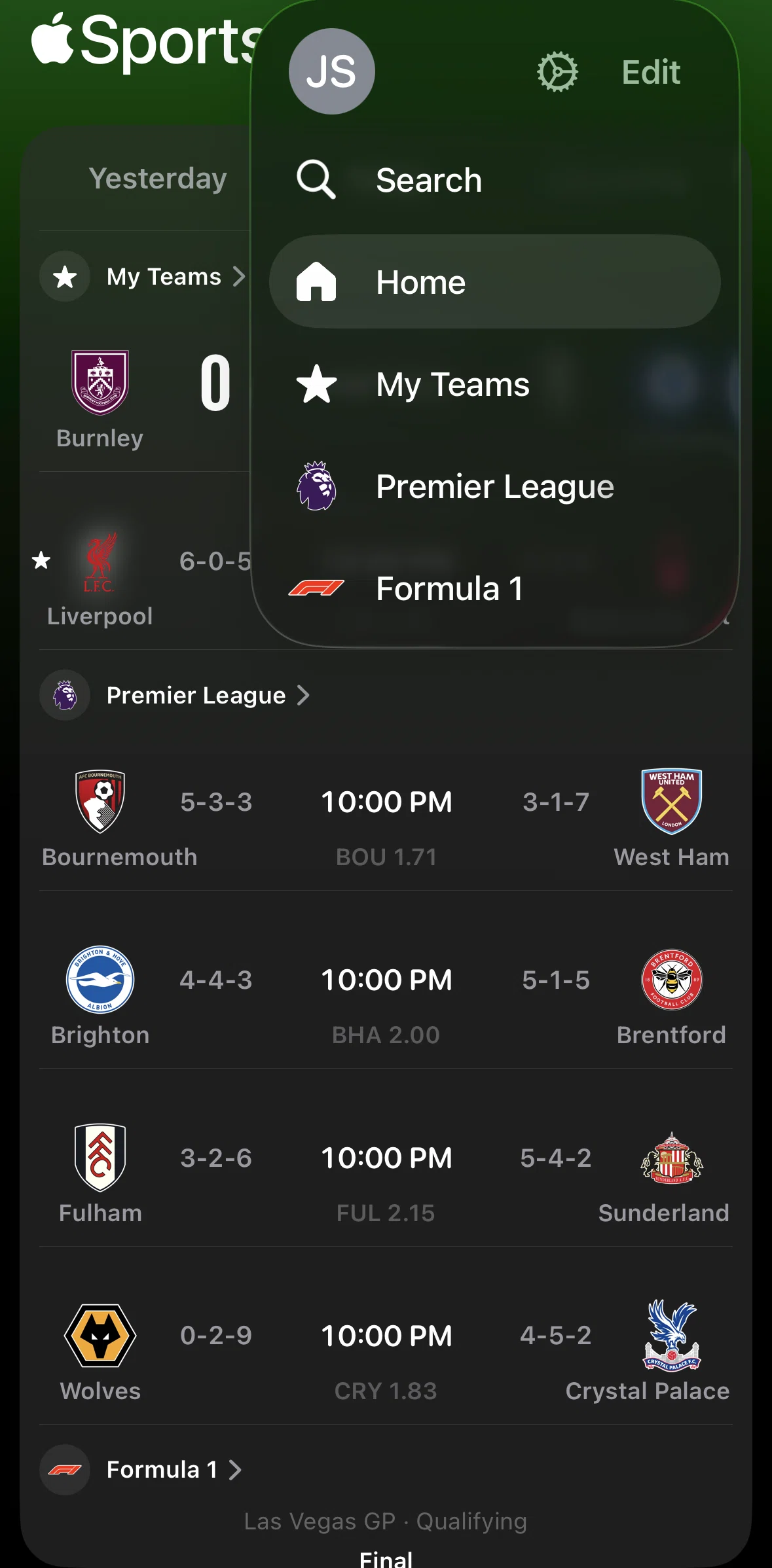 Apple Sports Screen screen in the Formula 1 flow