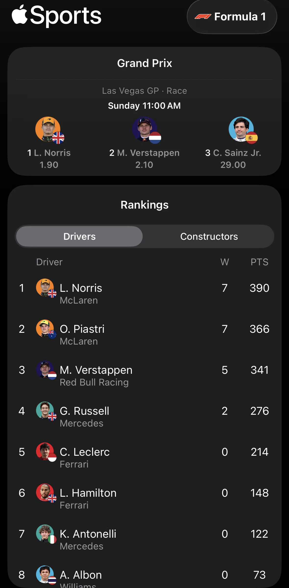Apple Sports Screen screen in the Match detail (Formula 1) flow