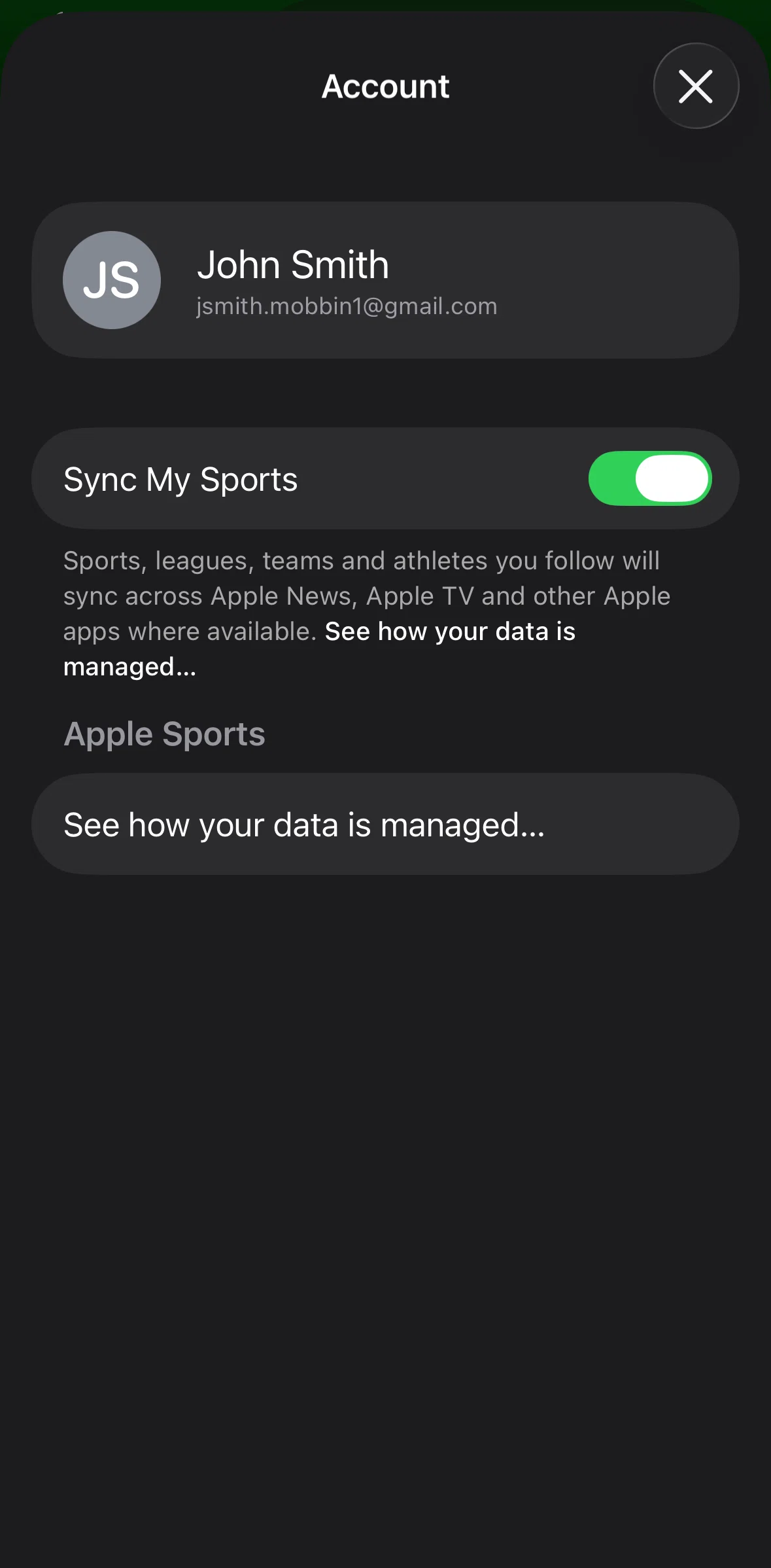 Apple Sports Screen screen in the My sports & privacy flow