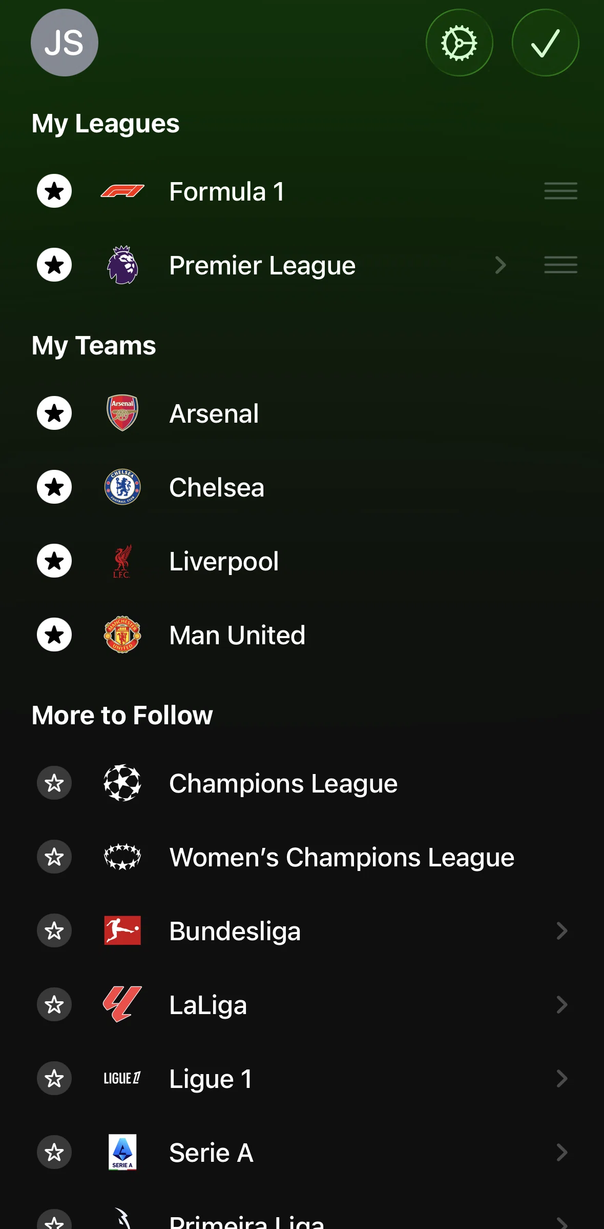 Apple Sports Screen screen in the Reordering leagues flow
