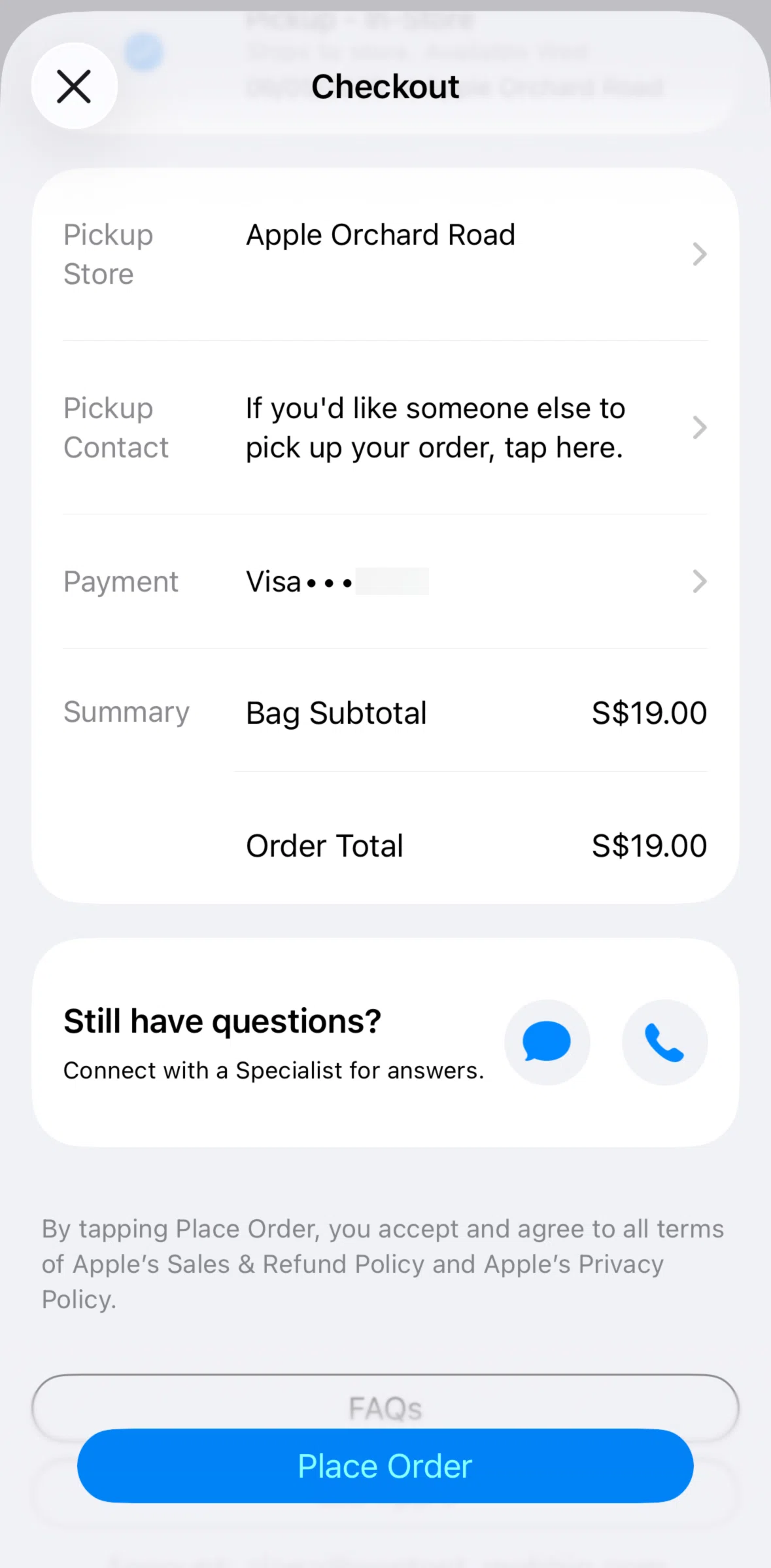 Apple Store Screen screen in the Adding a pickup contact flow