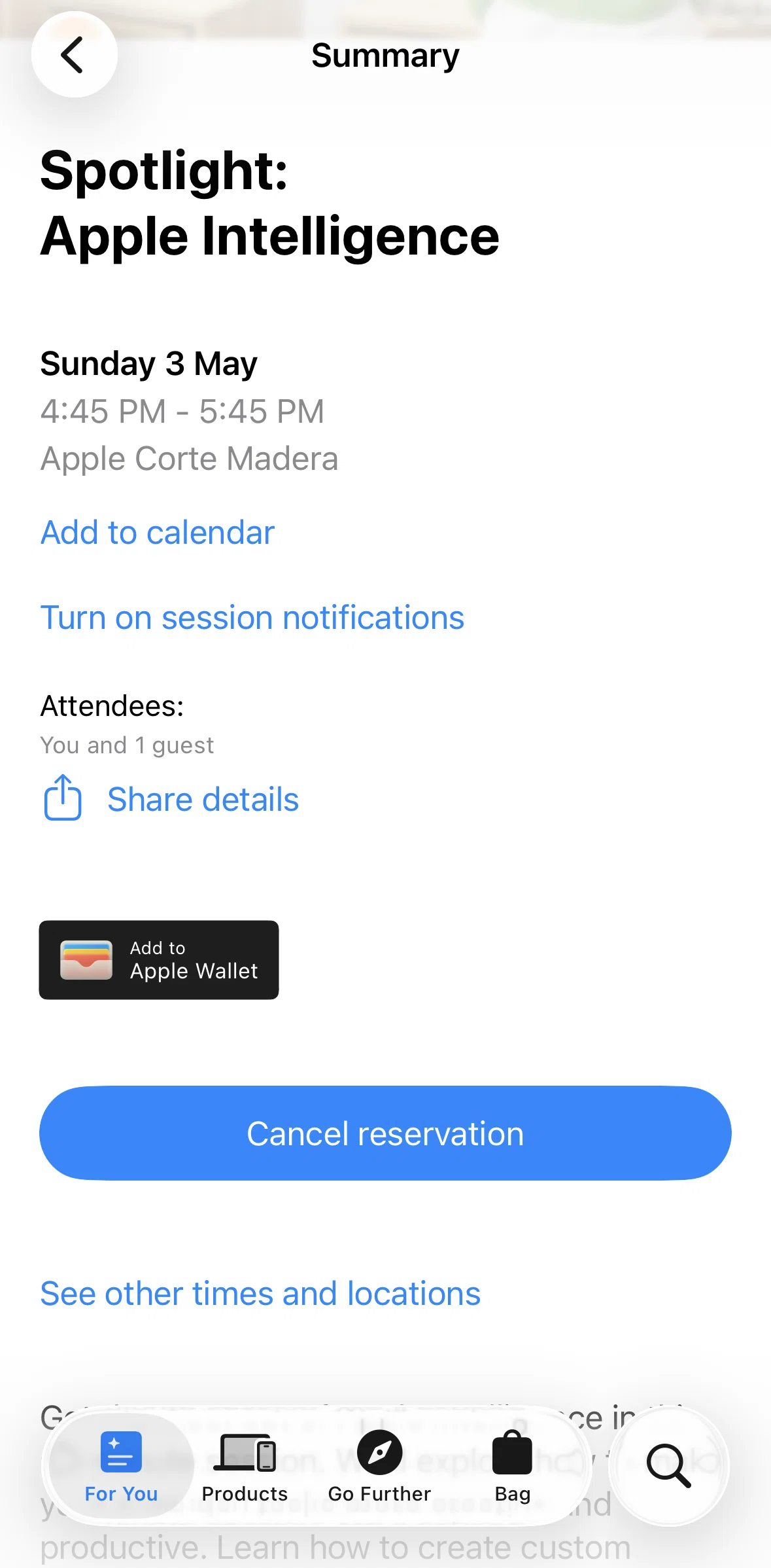 Apple Store Screen screen in the Canceling a reservation flow