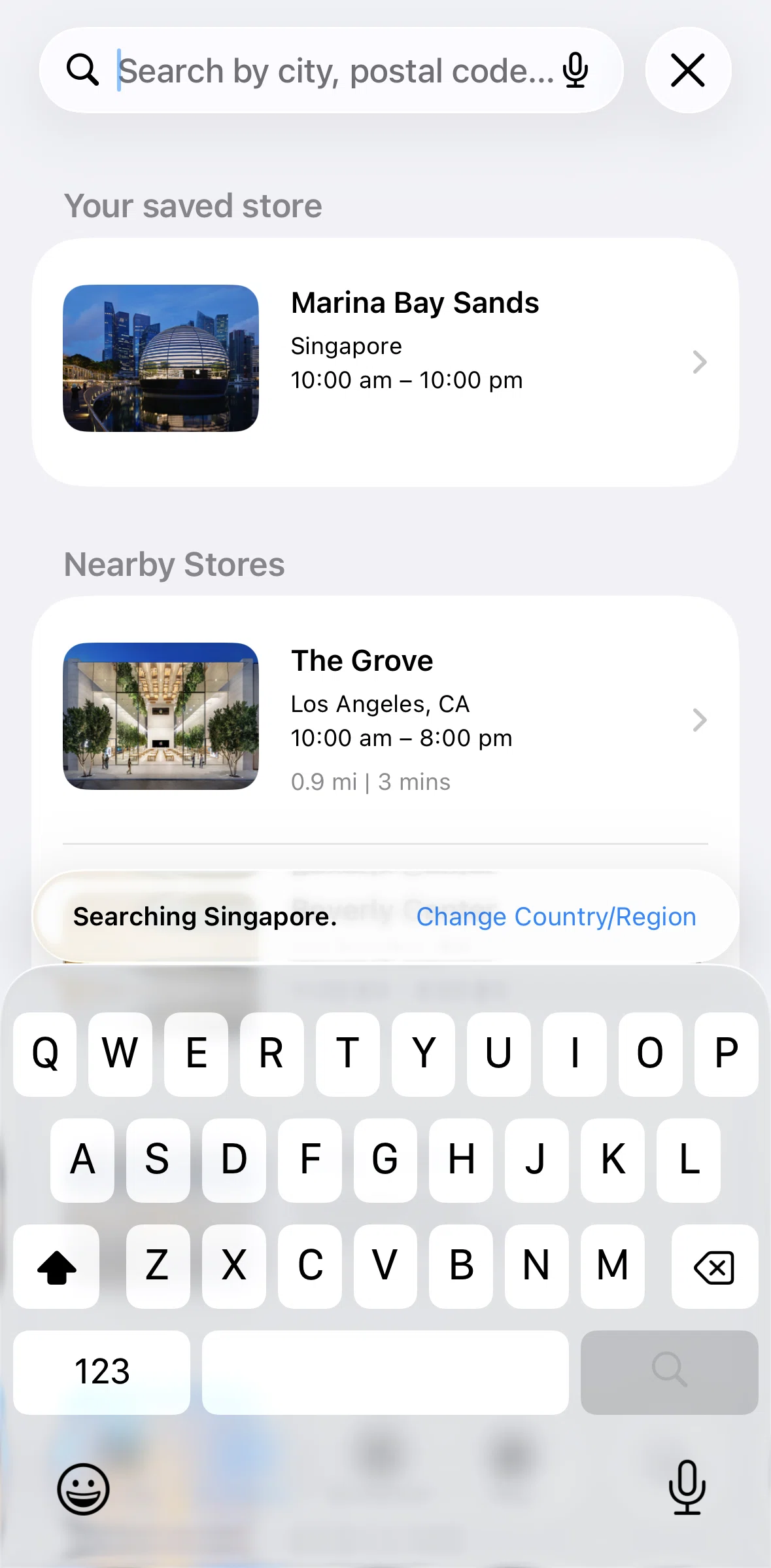 Apple Store Screen screen in the Changing country/region (search) flow