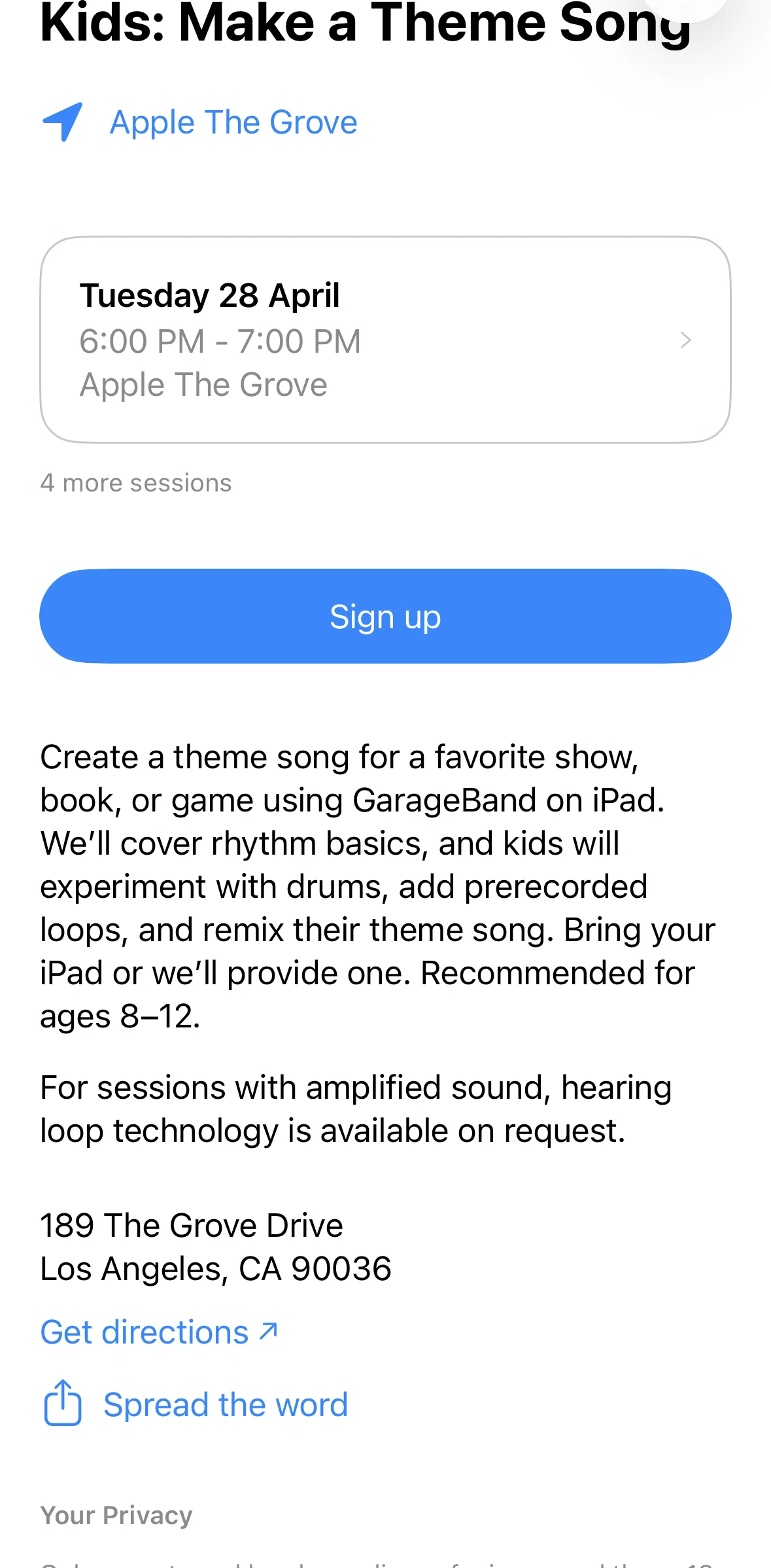 Apple Store Screen screen in the Registering for a session flow