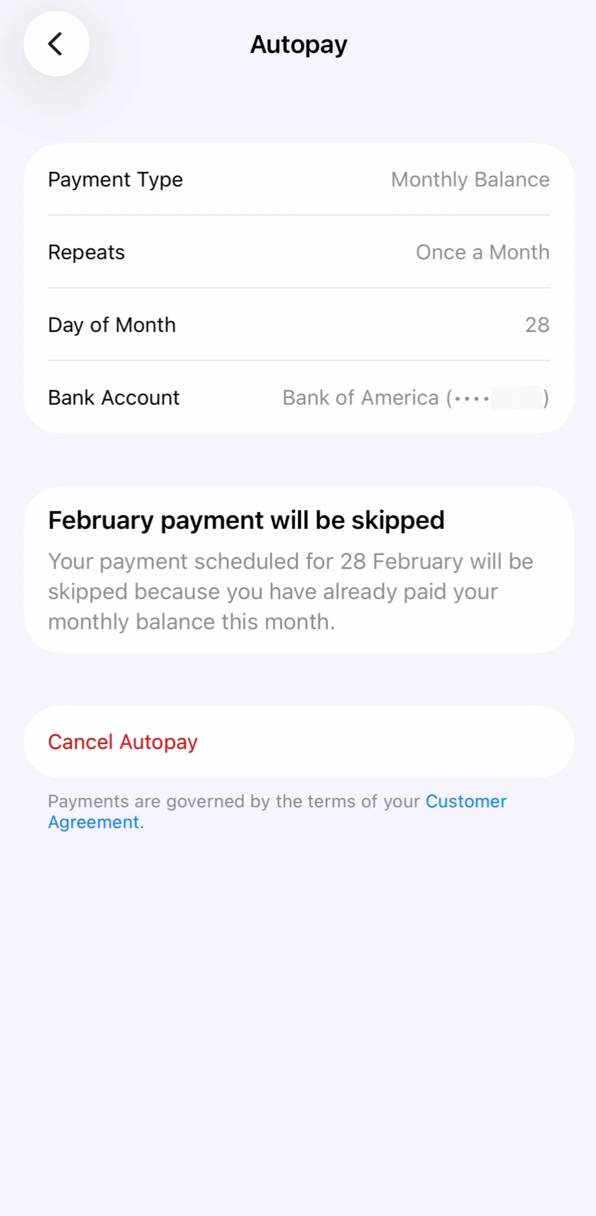 Apple Wallet Screen screen in the Cancel an Autopay flow