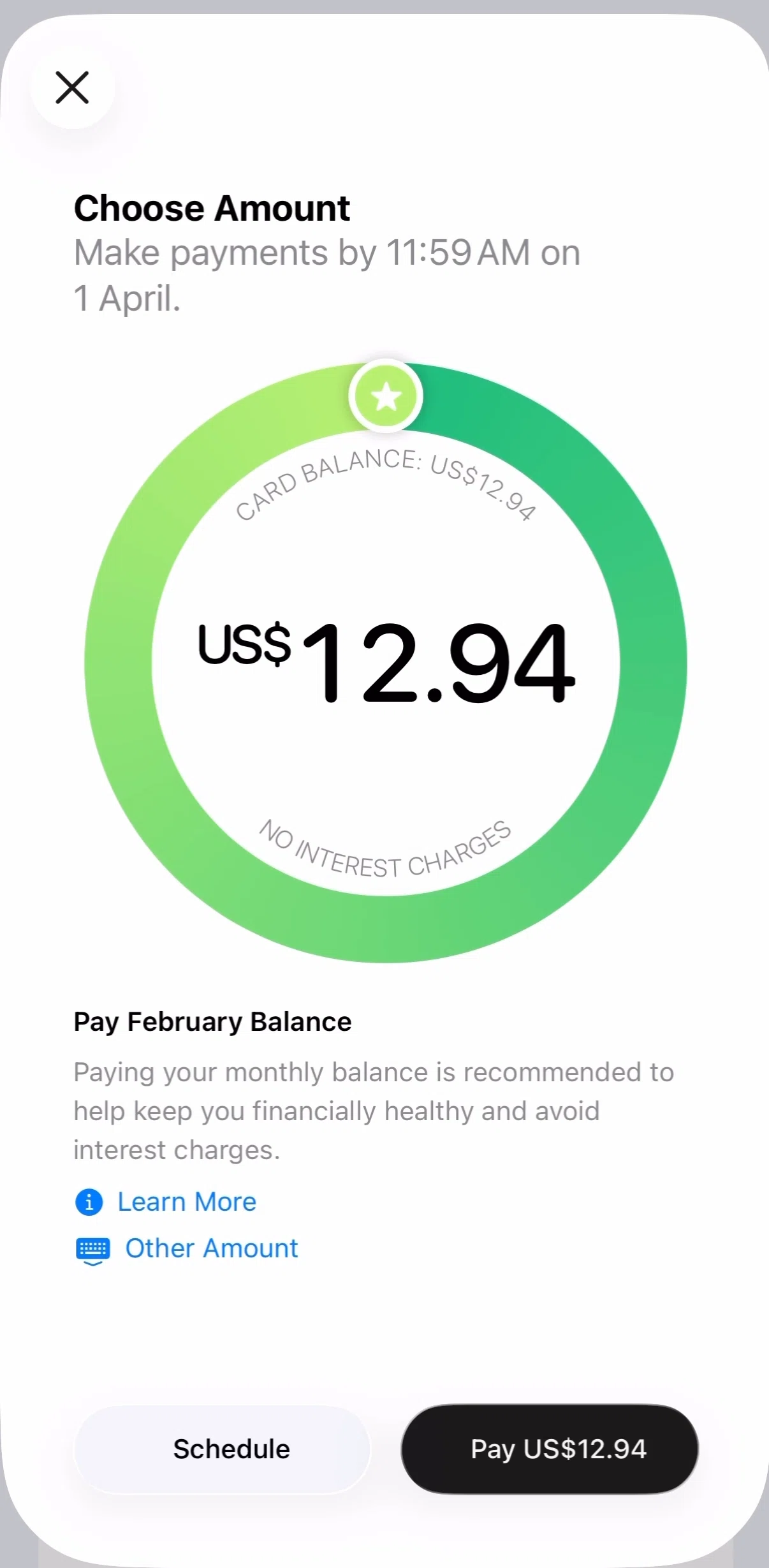 Apple Wallet Screen screen in the Paying a balance flow