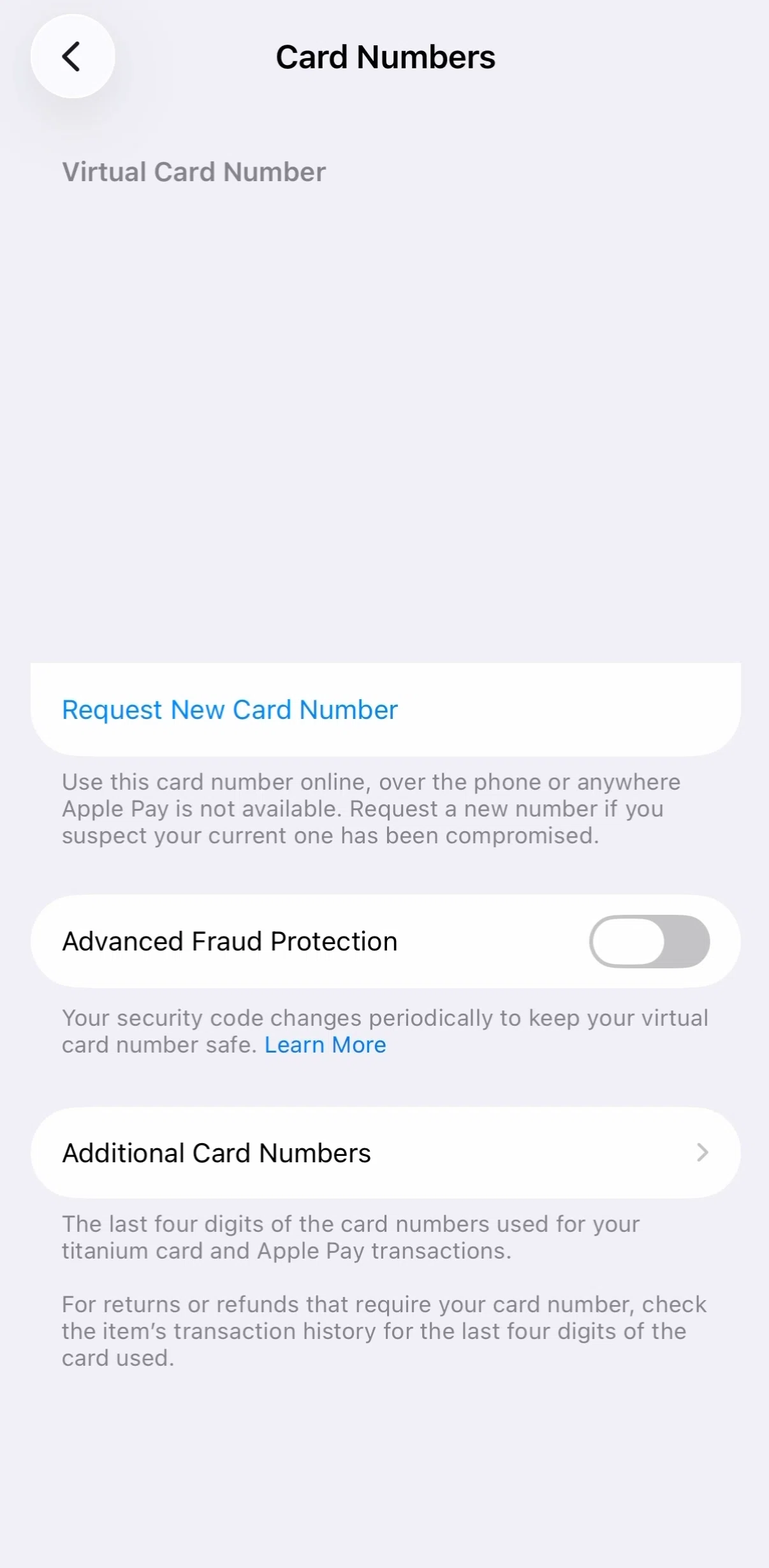 Apple Wallet Screen screen in the Request a new card number flow