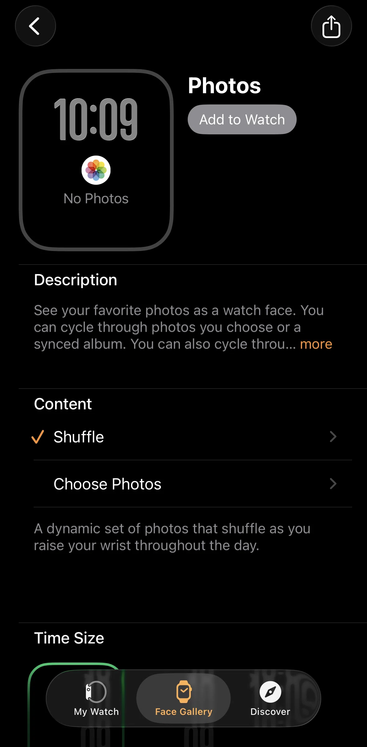 Apple Watch Screen screen in the Adding watch photos flow