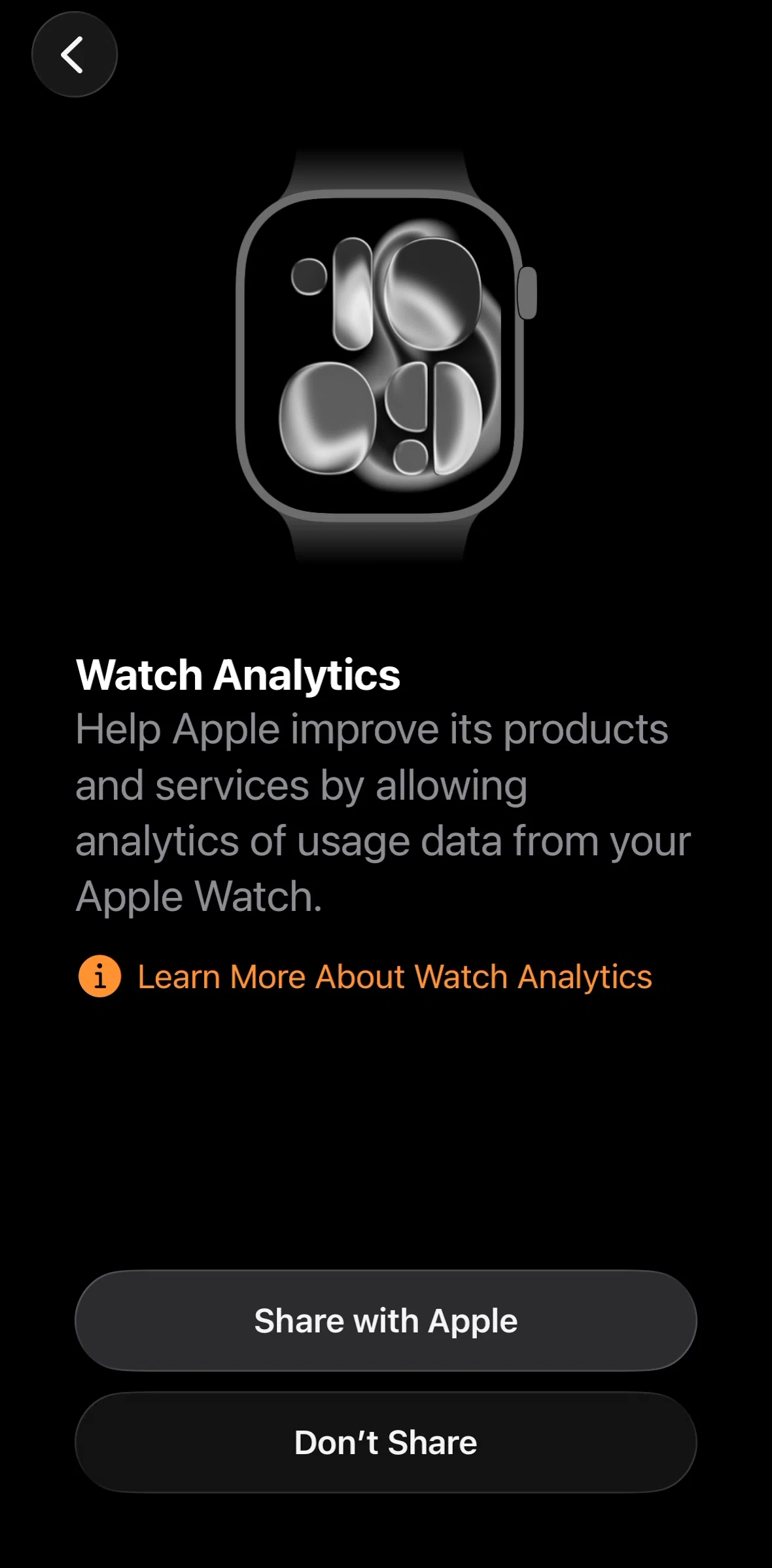 Apple Watch Screen screen in the Analytics and privacy information flow