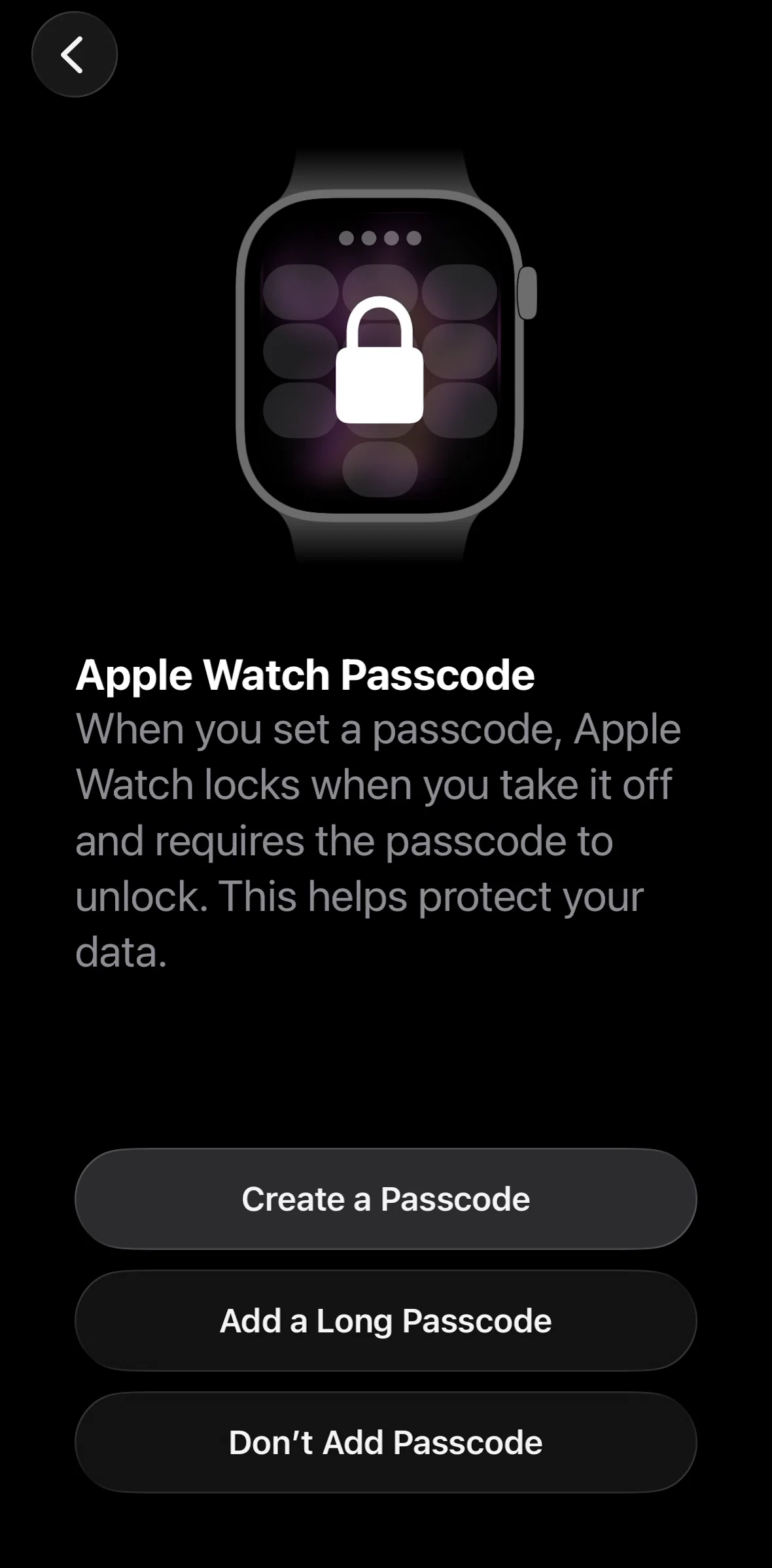 Apple Watch Screen screen in the Create a passcode flow